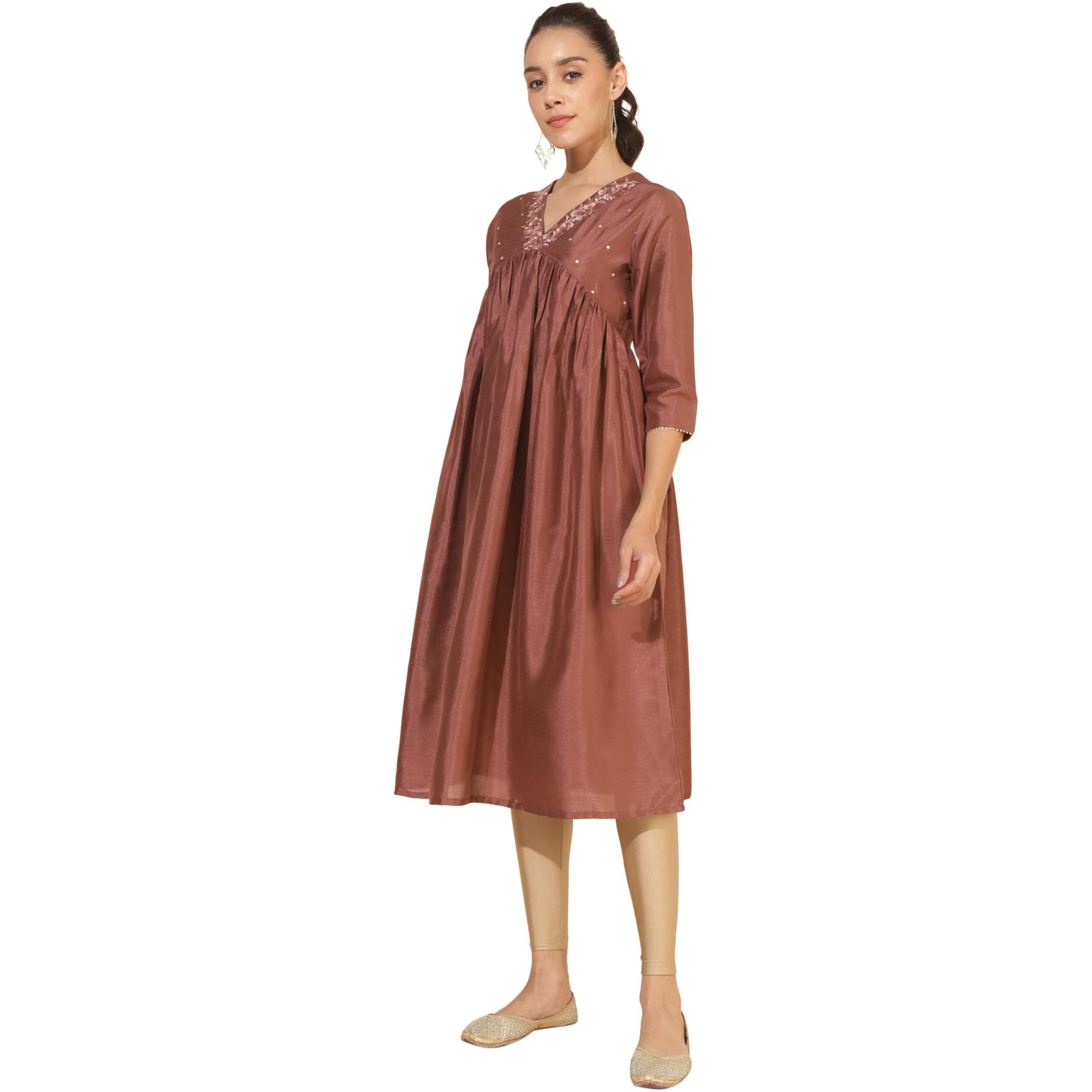 Janasya Women's Brown Crepe Silk Embellished Empire Kurta(JNE4351-KR-M)