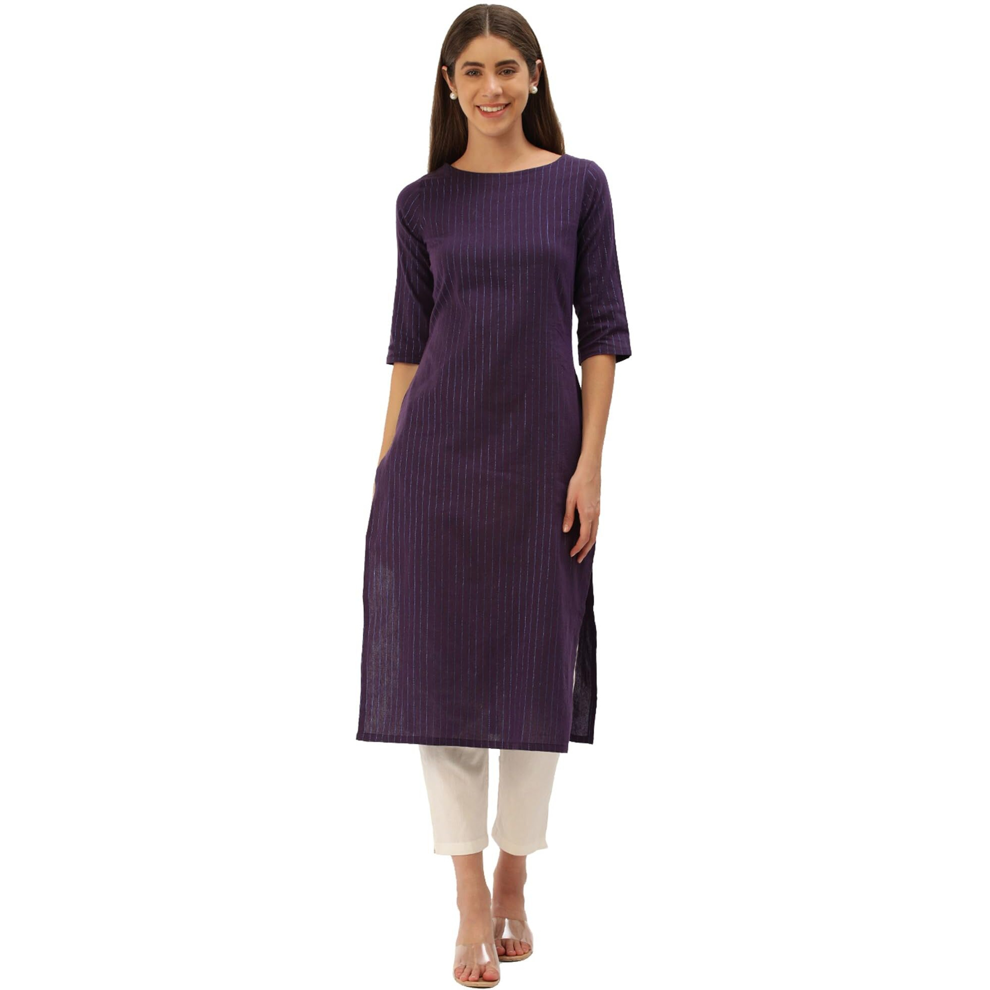 Hritika Women's Violet Stripes Printed Cotton Blend Casual Kurta_(HRKR5_HRK0014VOLT_L)