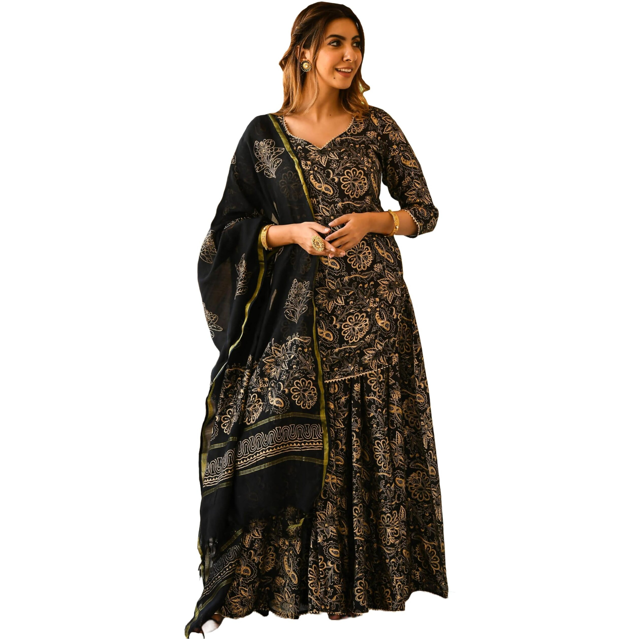 ANNI DESIGNER Women's Rayon Blend Floral Straight Kurta with Sharara & Dupatta (NIRANJANA Black