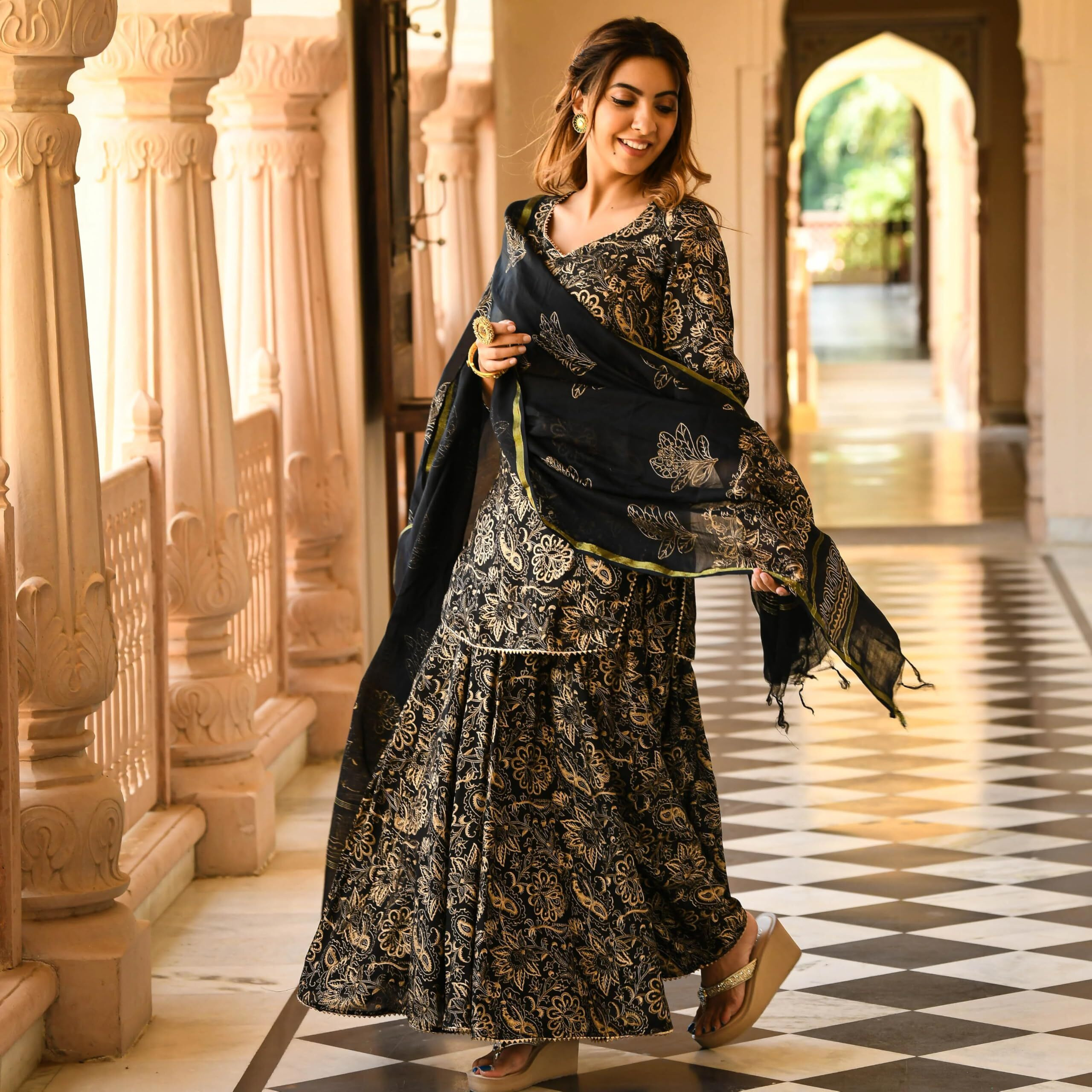ANNI DESIGNER Women's Rayon Blend Floral Straight Kurta with Sharara & Dupatta (NIRANJANA Black