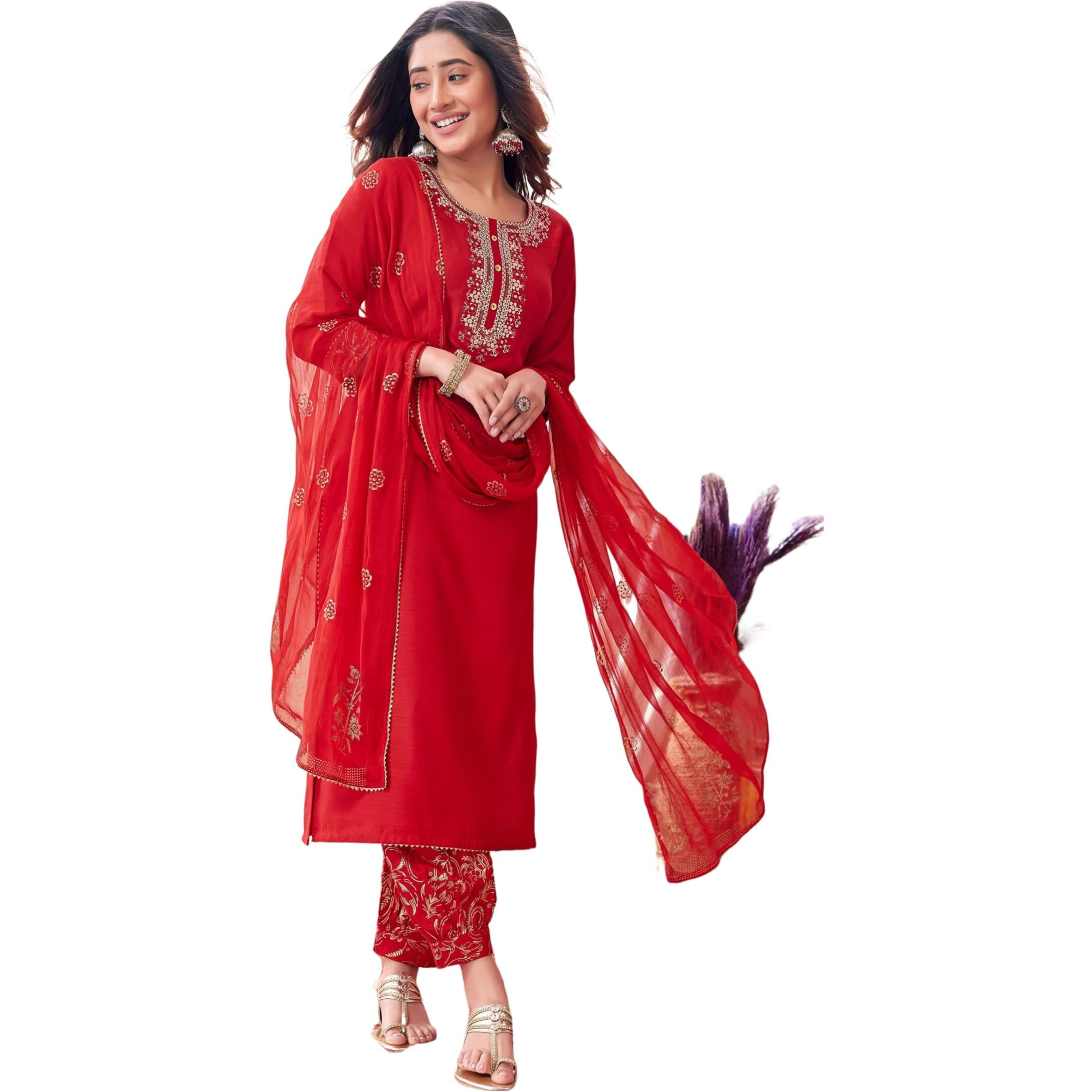 Sanisa Women's Cotton Blend Embroidery Straight Kurta with Pant and Foil Printed Dupatta (109KBD1191NZ-M_Red)