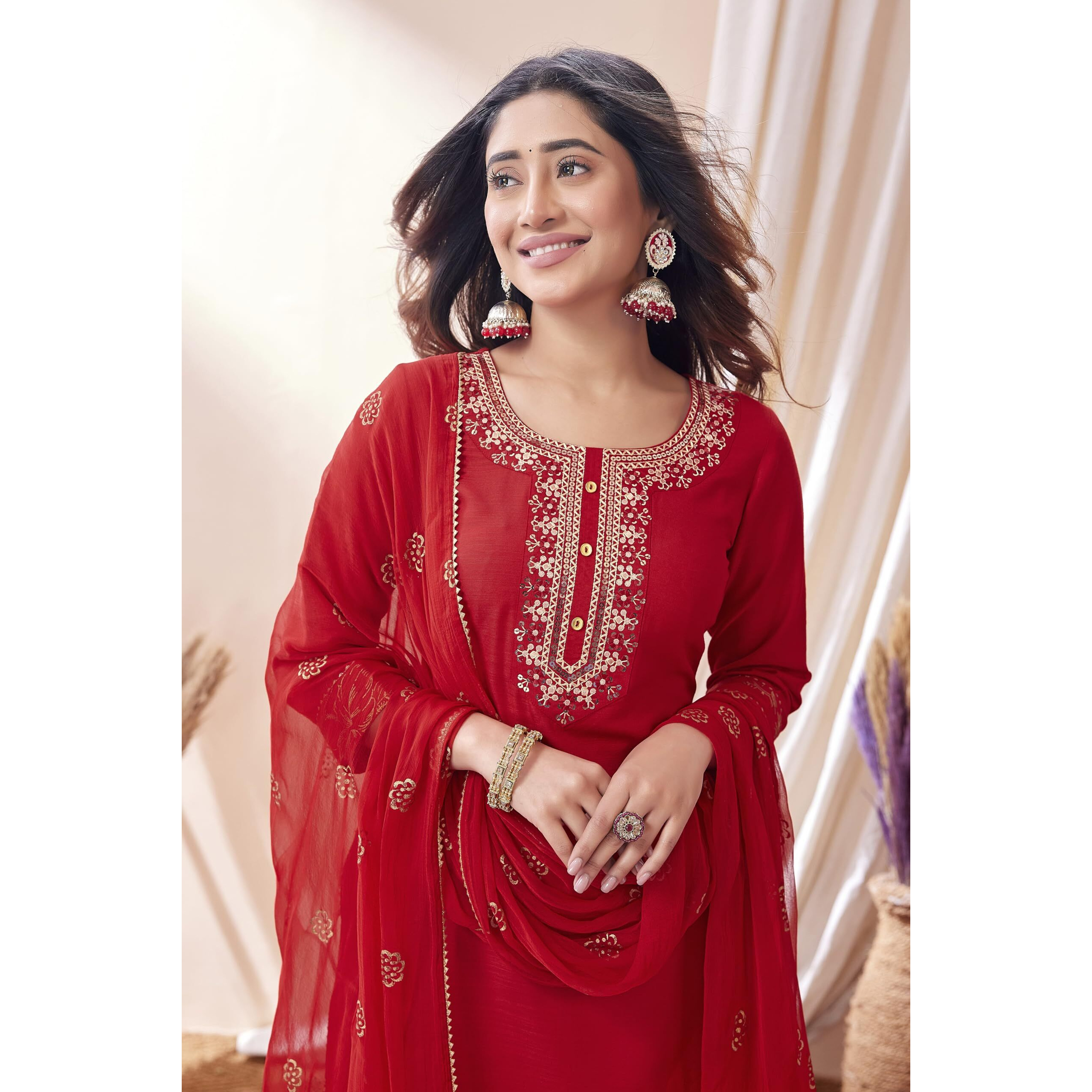 Sanisa Women's Cotton Blend Embroidery Straight Kurta with Pant and Foil Printed Dupatta (109KBD1191NZ-M_Red)