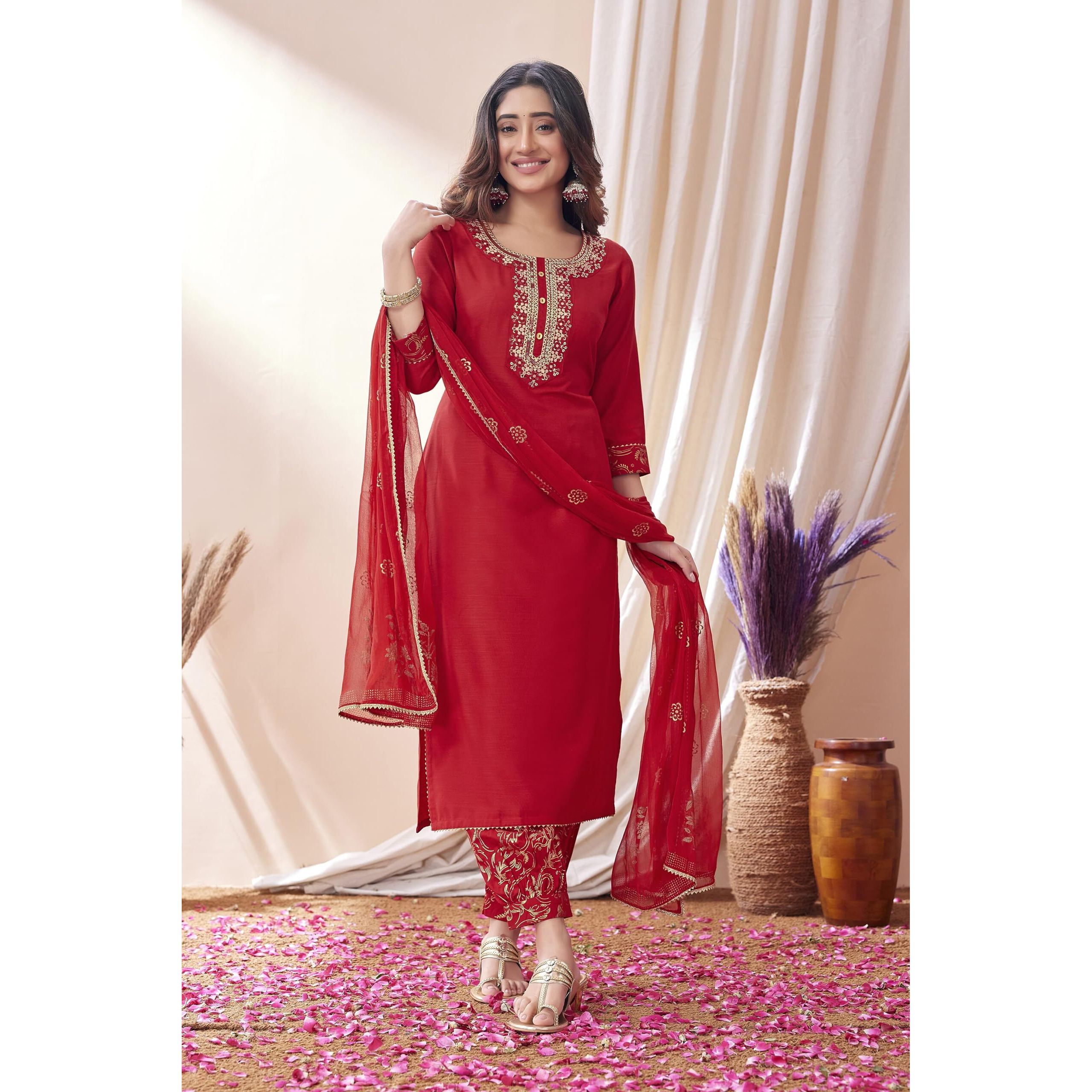 Sanisa Women's Cotton Blend Embroidery Straight Kurta with Pant and Foil Printed Dupatta (109KBD1191NZ-M_Red)