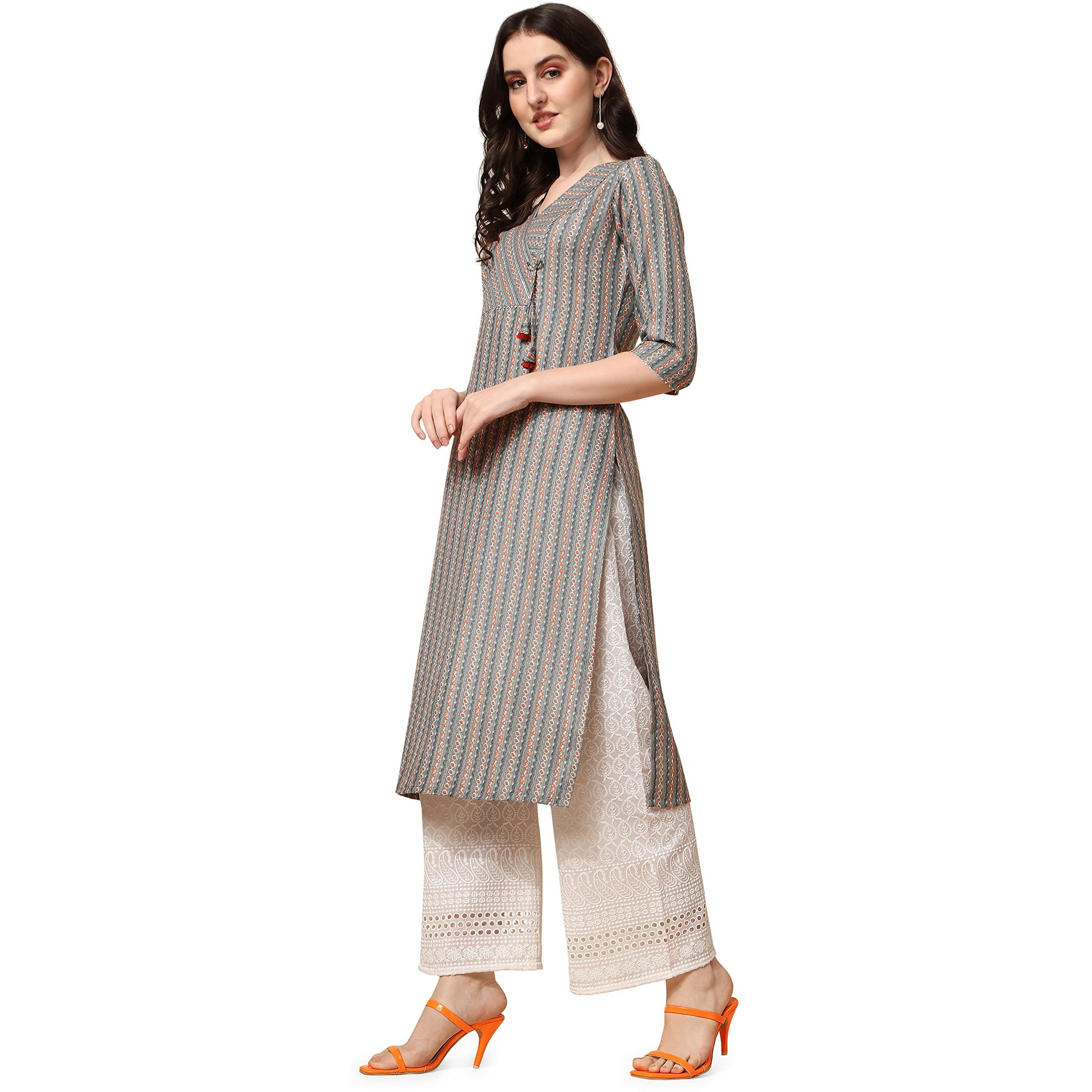 NAINVISH Women's Cotton Blend Straight V-Neck Printed Kurta (SD417_K-XXL_Grey)