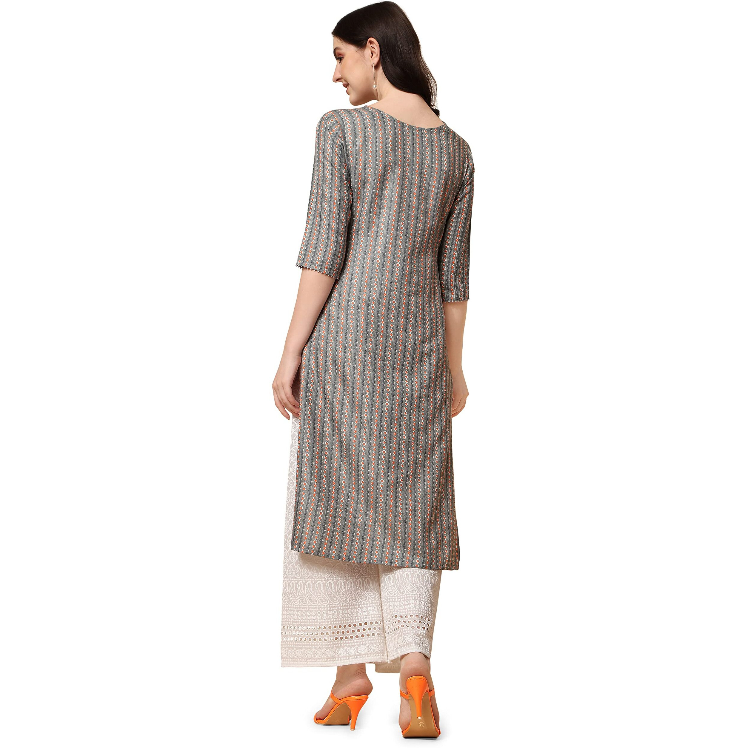 NAINVISH Women's Cotton Blend Straight V-Neck Printed Kurta (SD417_K-XXL_Grey)