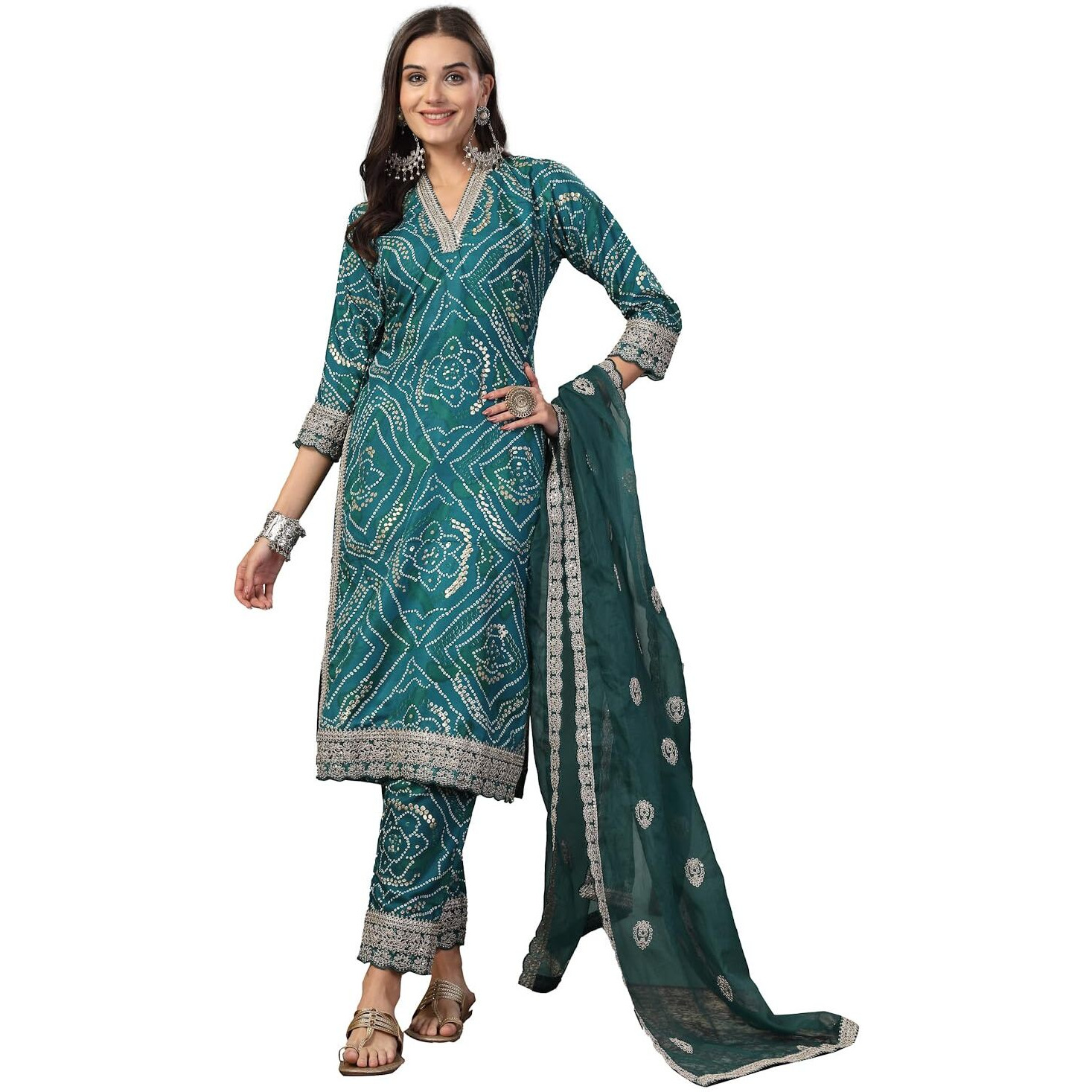 Stylum Women's Bandhani Print & Embroidered Muslin Straight Kurta Pant Dupatta Set (KPDGREENBANNO40_Green, L)