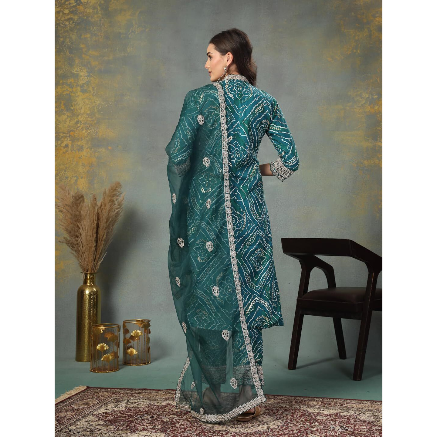 Stylum Women's Bandhani Print & Embroidered Muslin Straight Kurta Pant Dupatta Set (KPDGREENBANNO40_Green, L)