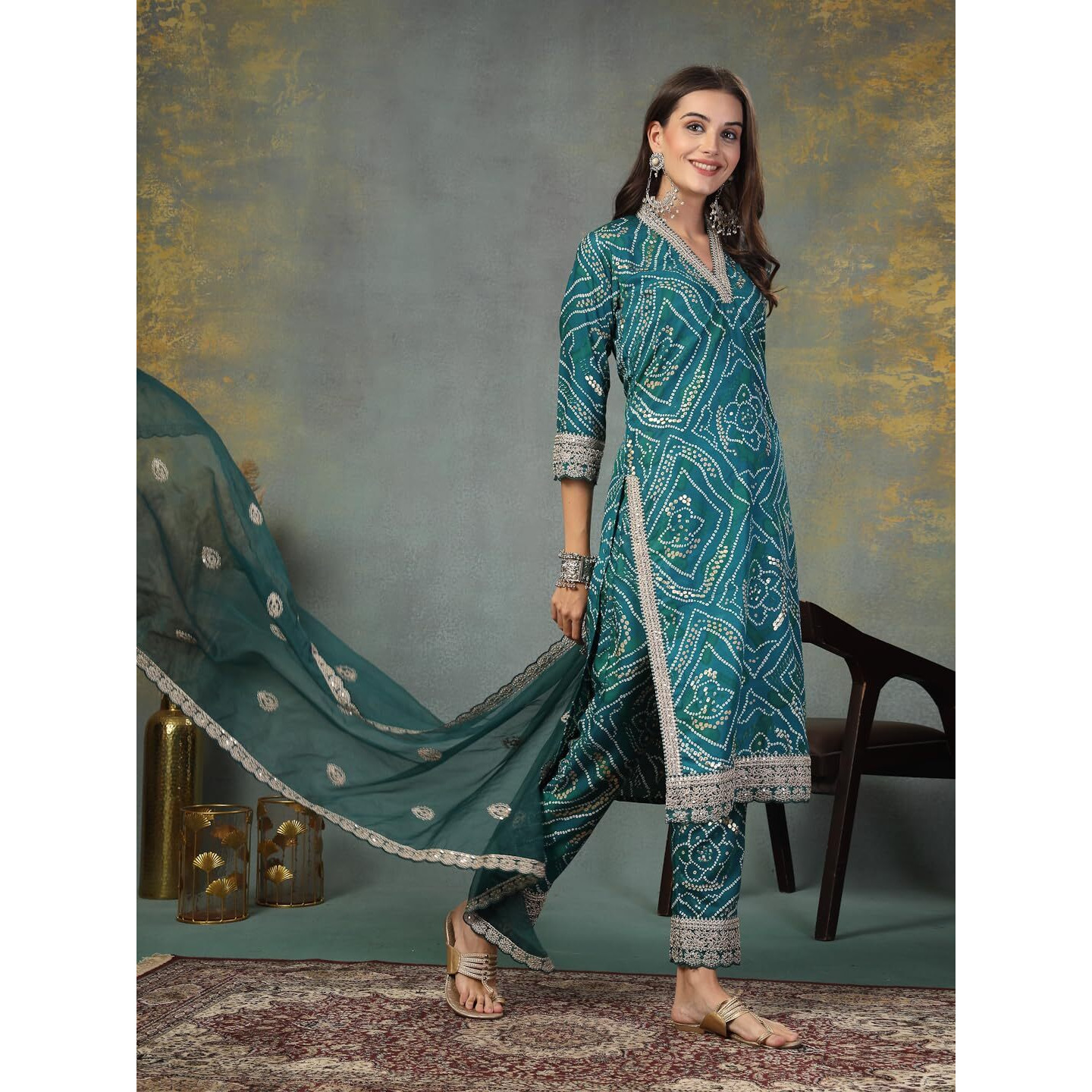 Stylum Women's Bandhani Print & Embroidered Muslin Straight Kurta Pant Dupatta Set (KPDGREENBANNO40_Green, L)