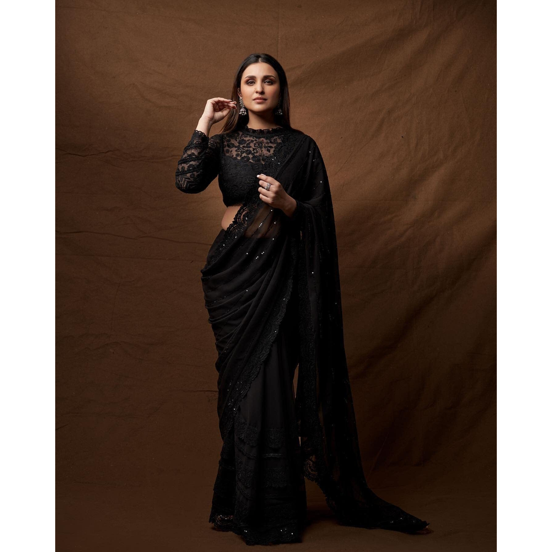Stylescope Women's Georgette Sequence & Embroidered Work With Art Silk Unstitched Blouse Piece (Parineeti Sequence Black_Black_Free Size)