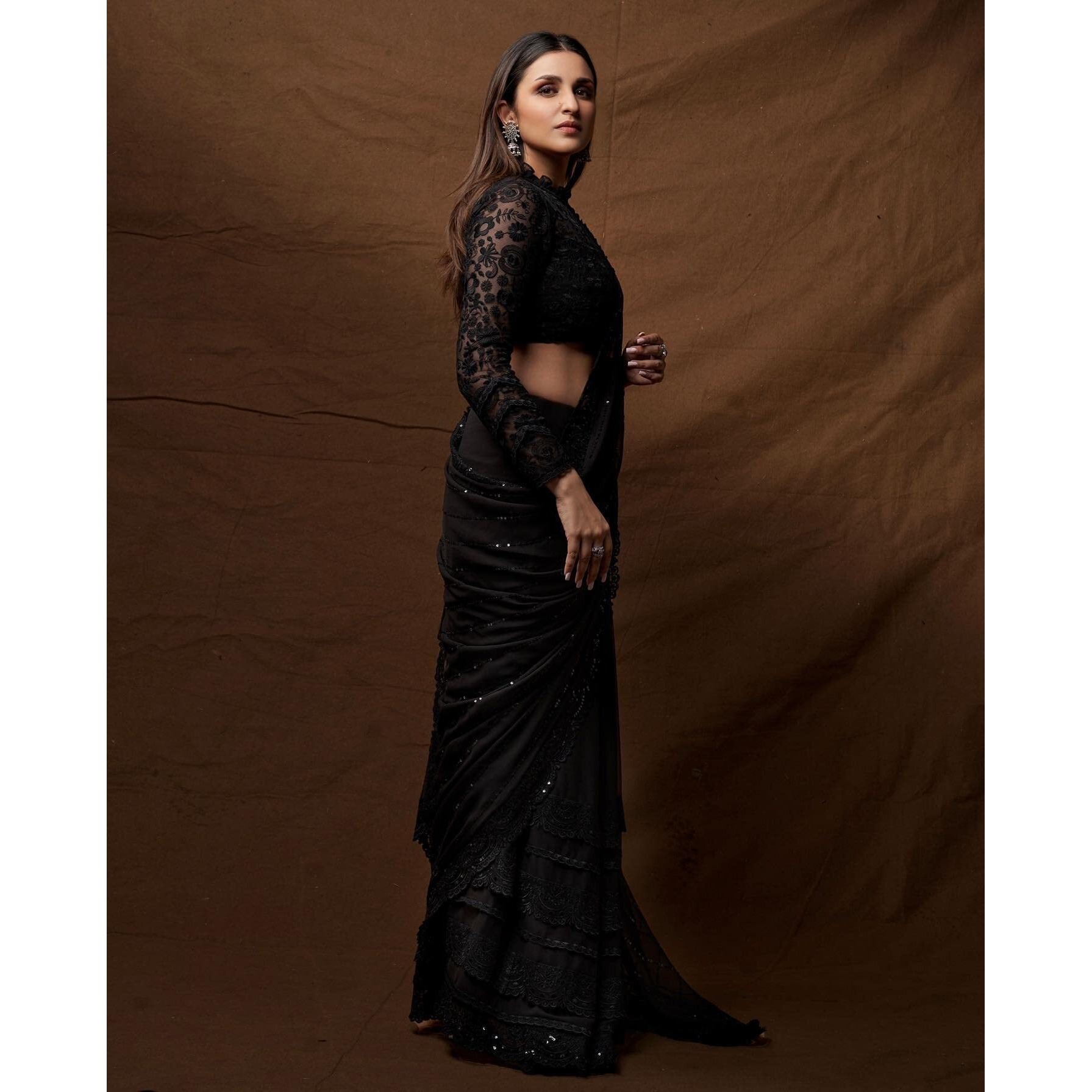 Stylescope Women's Georgette Sequence & Embroidered Work With Art Silk Unstitched Blouse Piece (Parineeti Sequence Black_Black_Free Size)