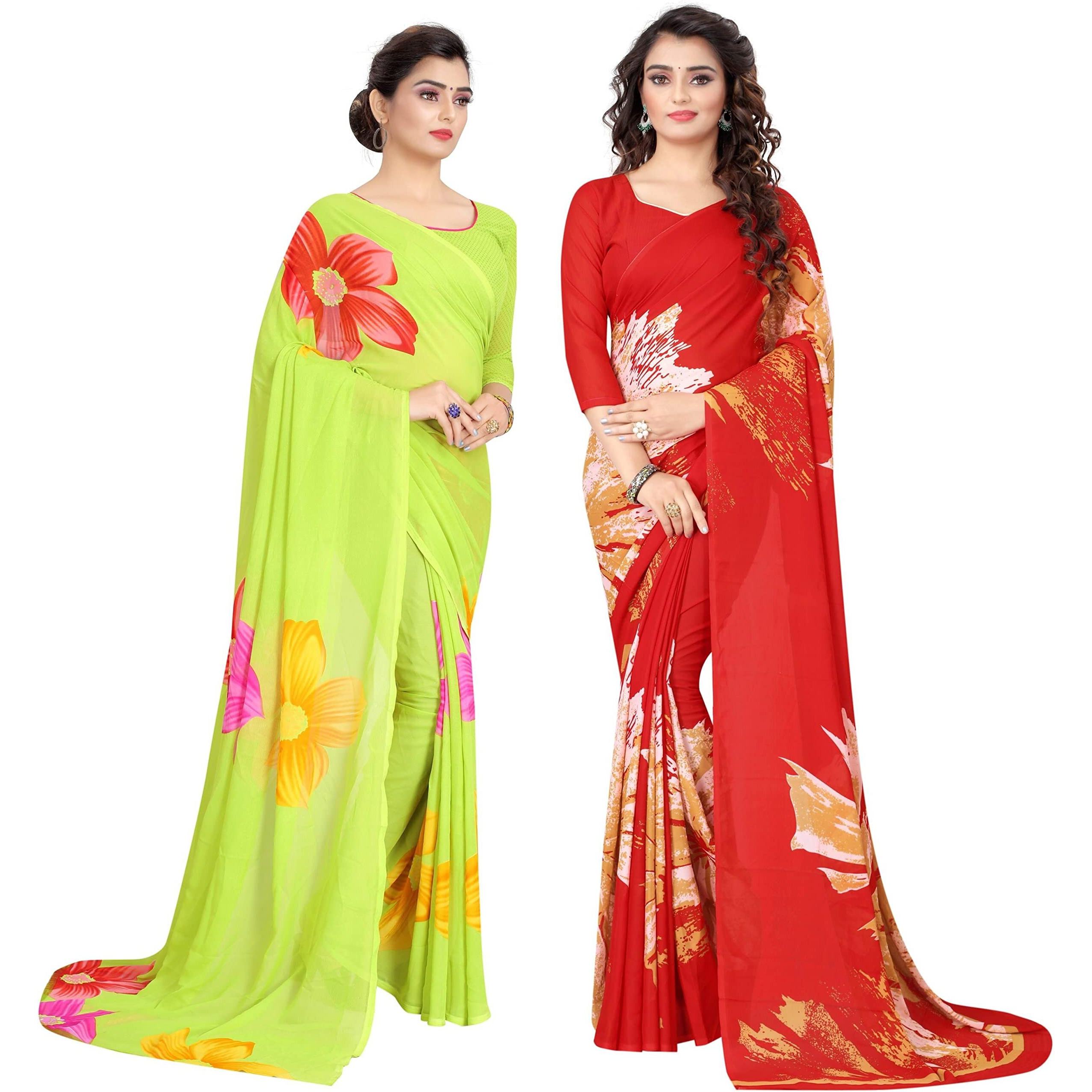 Yashika Womens Georgette Saree With Blouse Piece(MULTI FLOWER_MULTI RED_Pack Of-2)