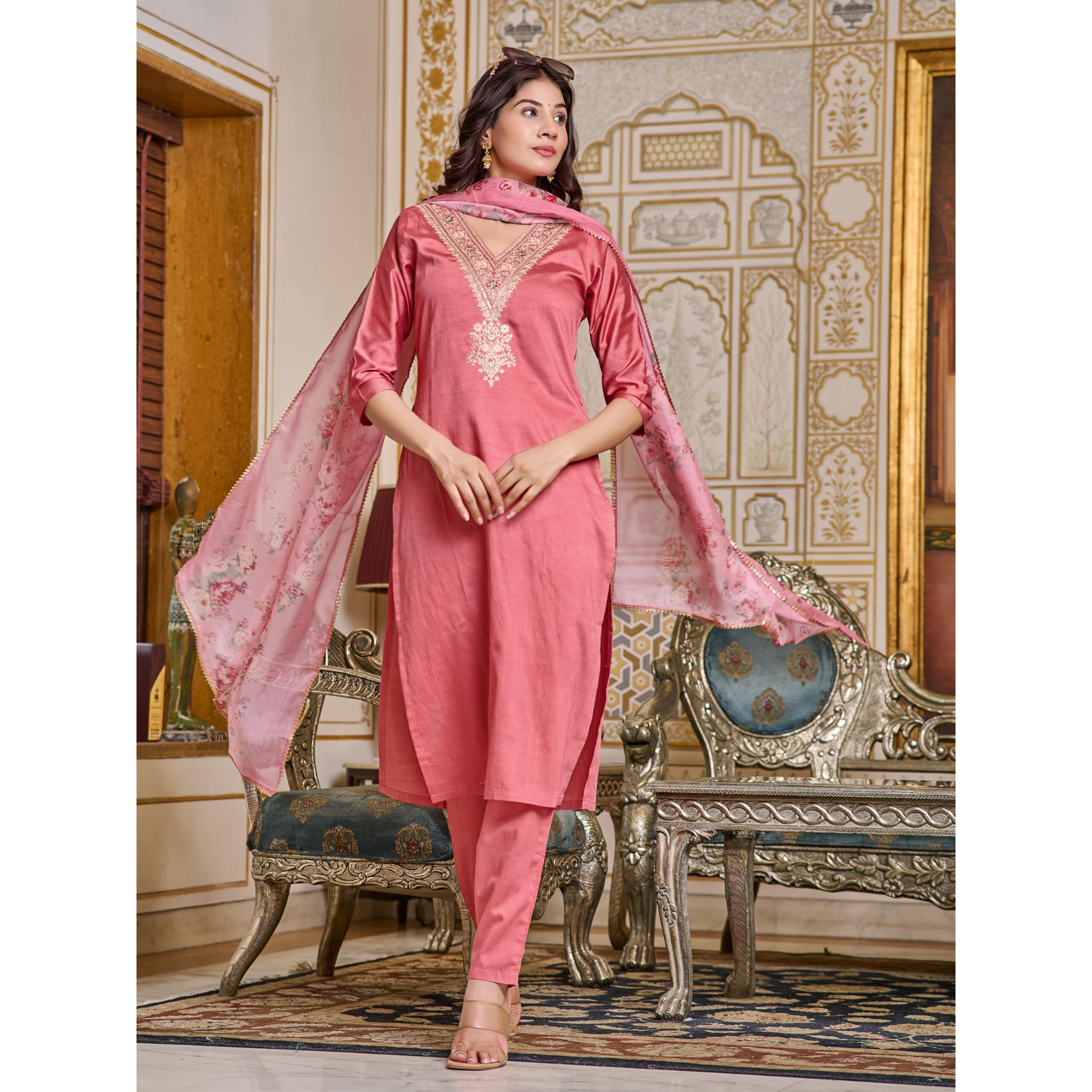 Naixa Women's Pink Chanderi Embroidered Straight Kurta with Chanderi Pant and Organza Printed Dupatta Sets (NX2-JK-105-Pink-S)