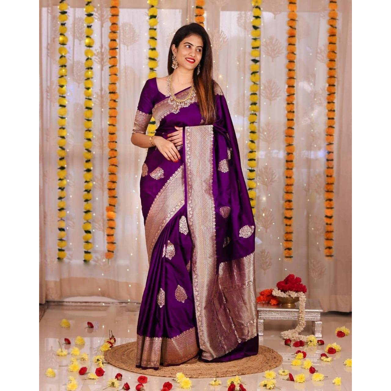 Flosive Ayn Women's Present Banarasi Soft Lichi Silk Saree Beautiful Jacquard Rich Pallu Design Work Zari Devika Kanjivaram Silk Style Saree With Soft Lichi Silk Blouse Piece (Royal Blue)