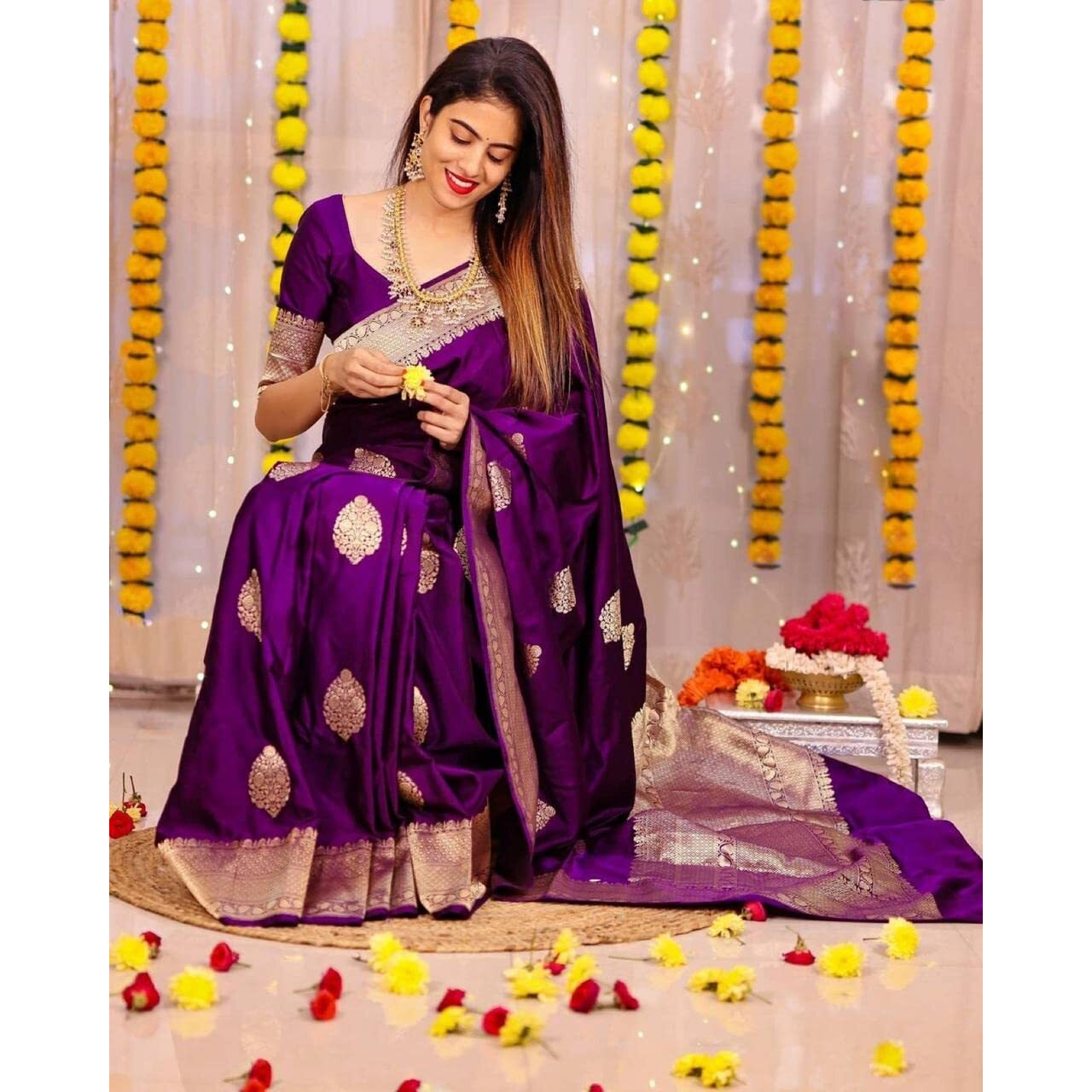 Flosive Ayn Women's Present Banarasi Soft Lichi Silk Saree Beautiful Jacquard Rich Pallu Design Work Zari Devika Kanjivaram Silk Style Saree With Soft Lichi Silk Blouse Piece (Royal Blue)