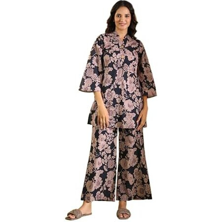 Yashika Women's Latest Printed Cotton Blend Straight Kurta and Palazzo Pant Set (AZ-YS-OG1-KS2161-XXL_Black