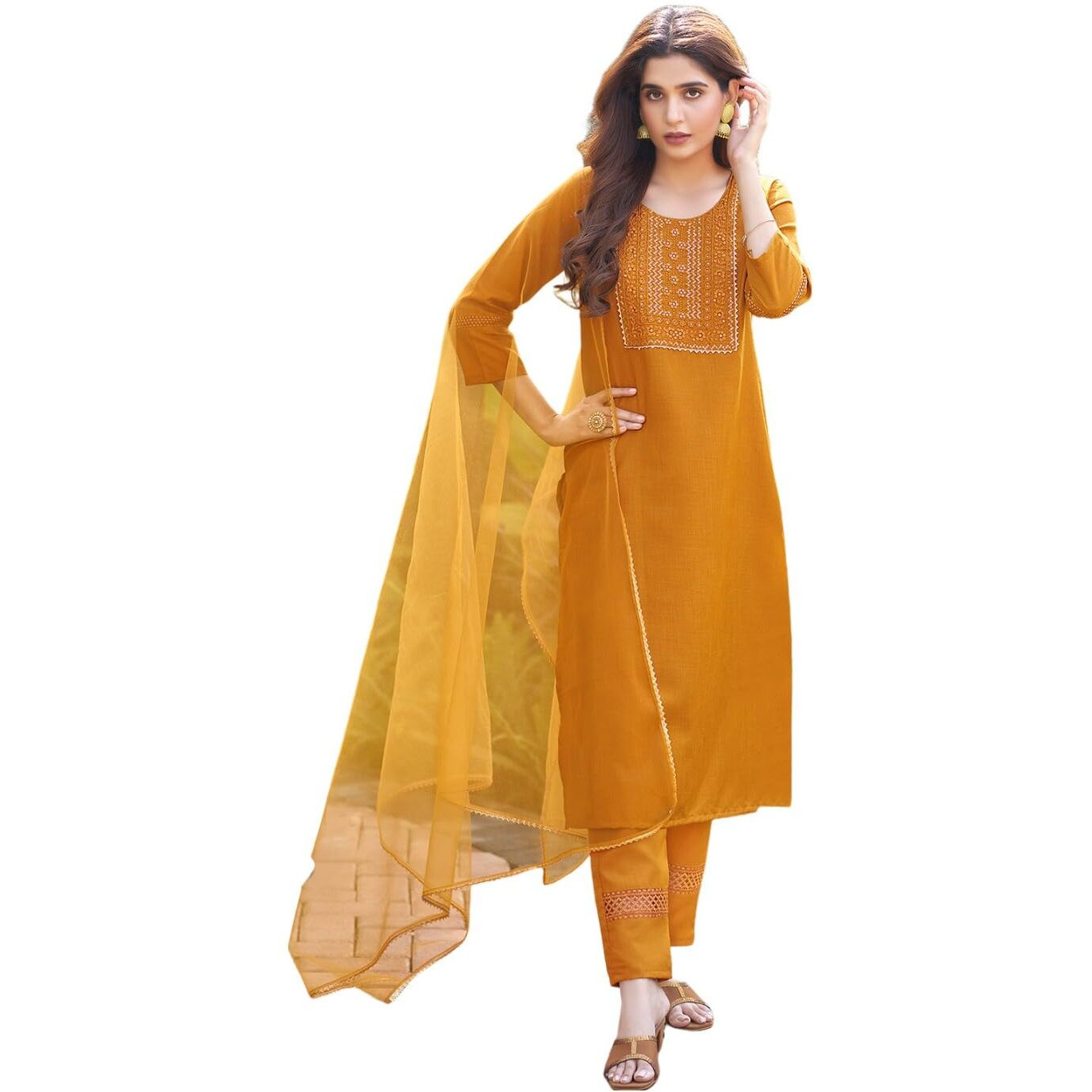 Sanisa Women's Cotton Blend Embroidery & Sequence Work Straight Kurta with Pant and Gota Lace Work Dupatta (80KBD902NZ-S_Turmeric Yellow)