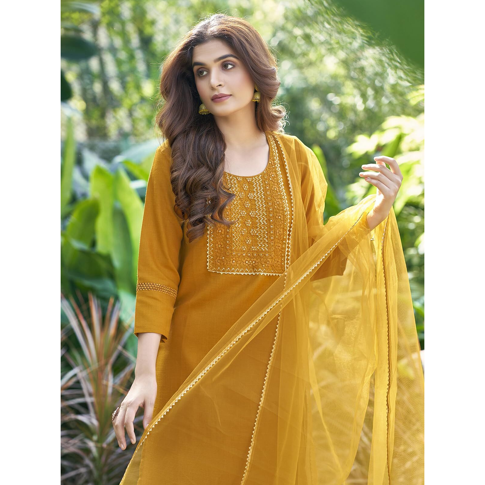 Sanisa Women's Cotton Blend Embroidery & Sequence Work Straight Kurta with Pant and Gota Lace Work Dupatta (80KBD902NZ-S_Turmeric Yellow)