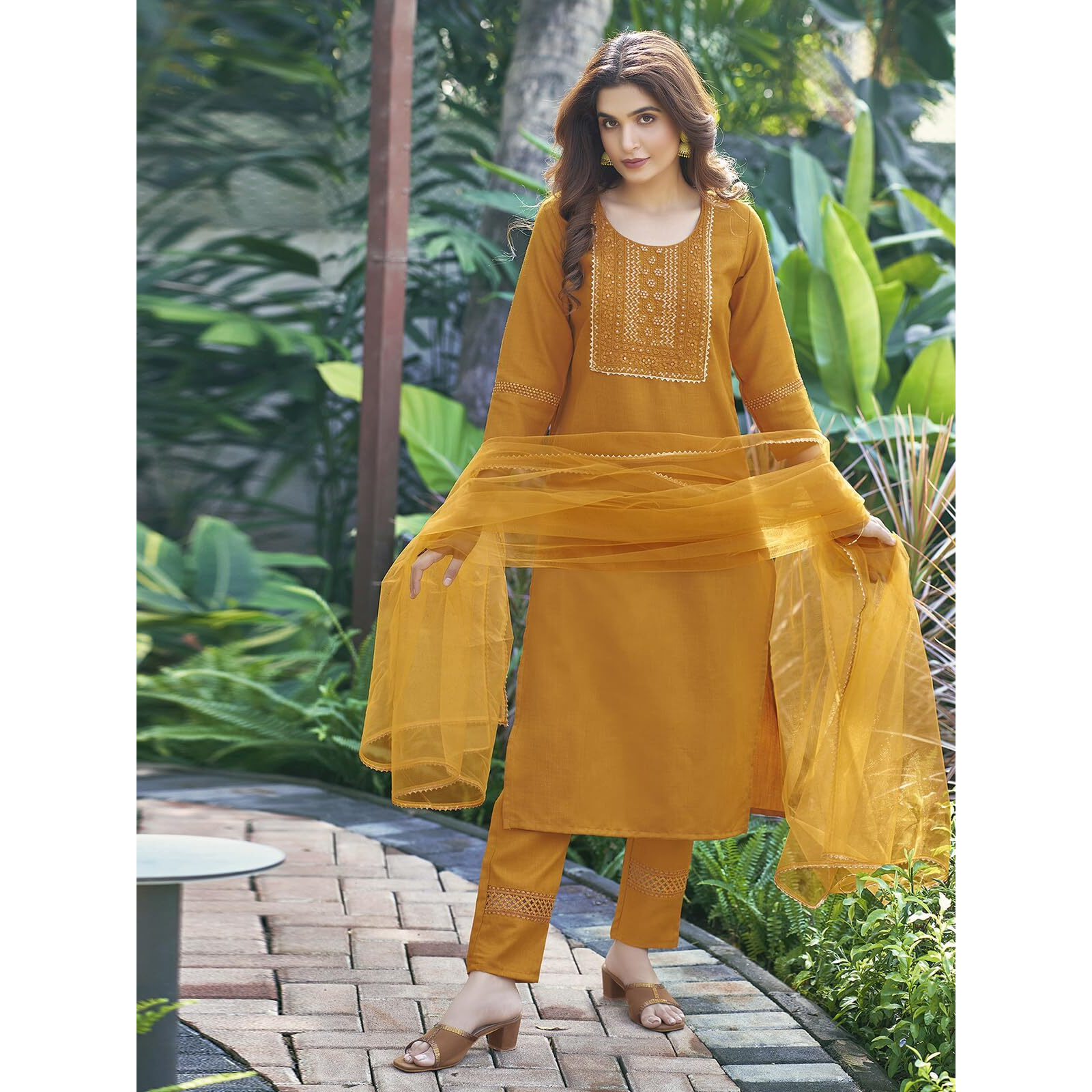 Sanisa Women's Cotton Blend Embroidery & Sequence Work Straight Kurta with Pant and Gota Lace Work Dupatta (80KBD902NZ-S_Turmeric Yellow)