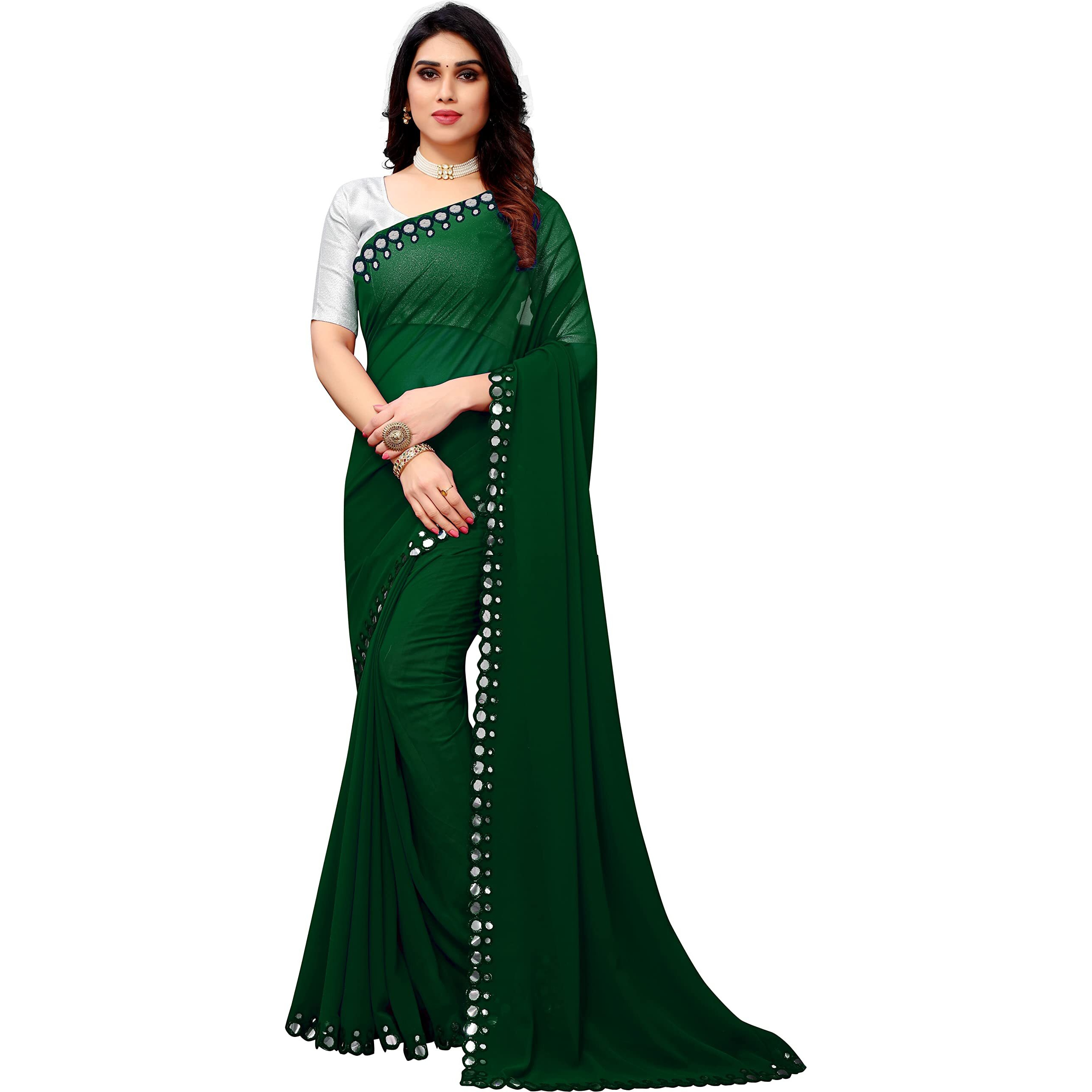 Florely Women's Designer Georgette (Mirror Saree_Colors_14_Green)