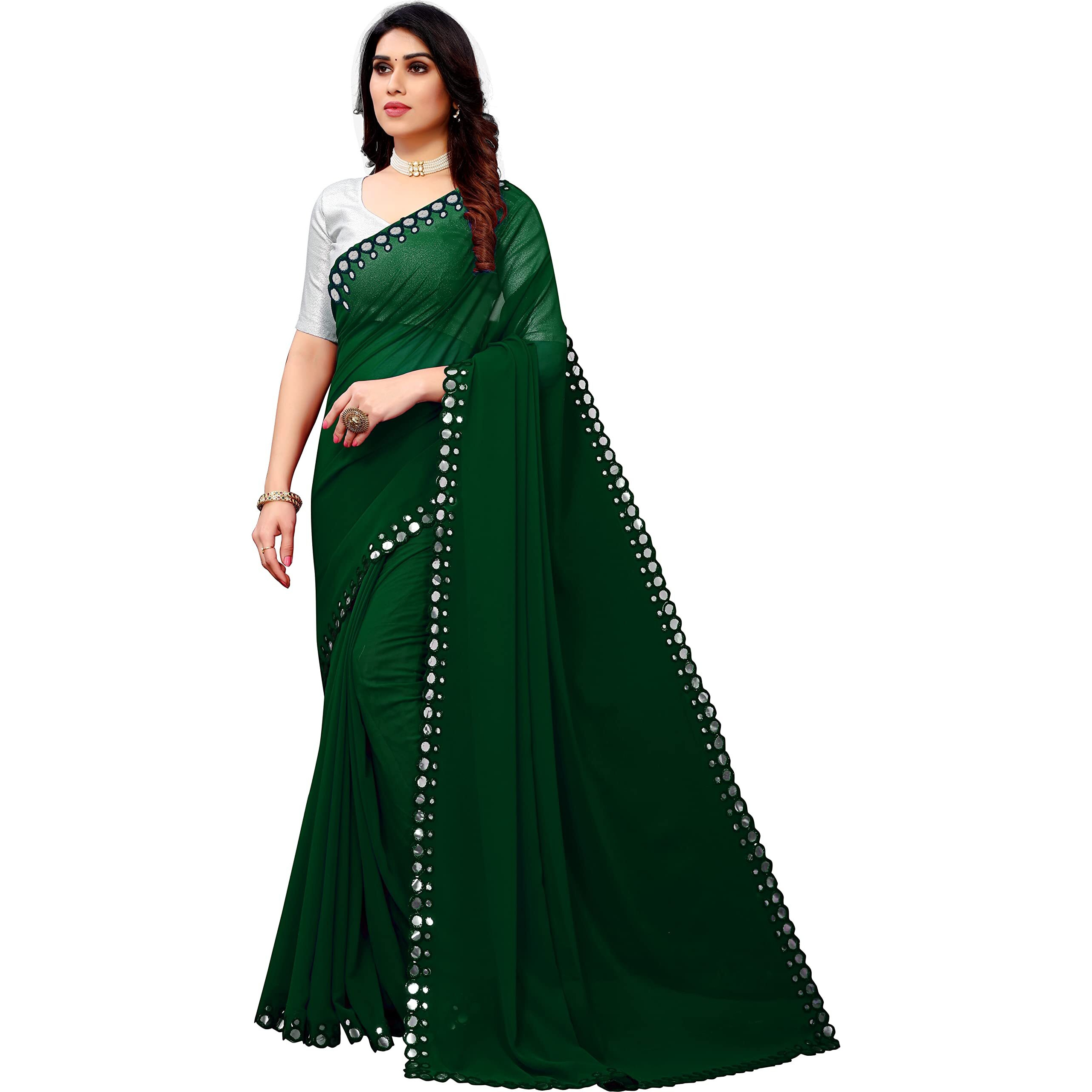 Florely Women's Designer Georgette (Mirror Saree_Colors_14_Green)