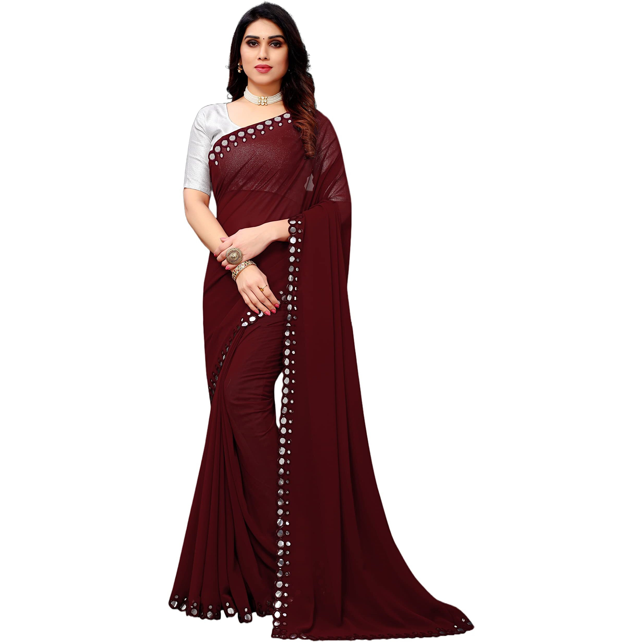 Florely Women's Plain Georgette (Mirror Saree_Colors_14_Maroon)