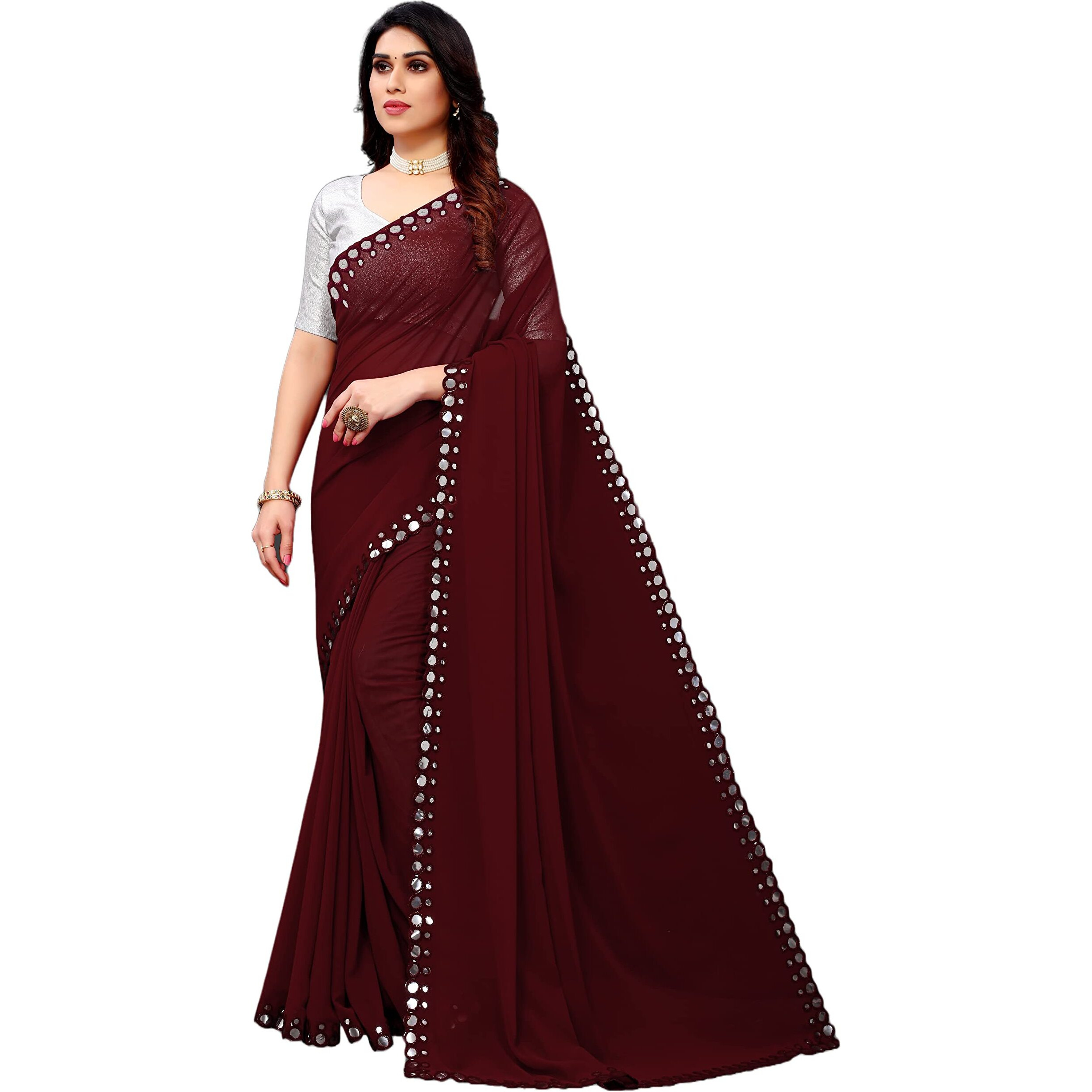 Florely Women's Plain Georgette (Mirror Saree_Colors_14_Maroon)