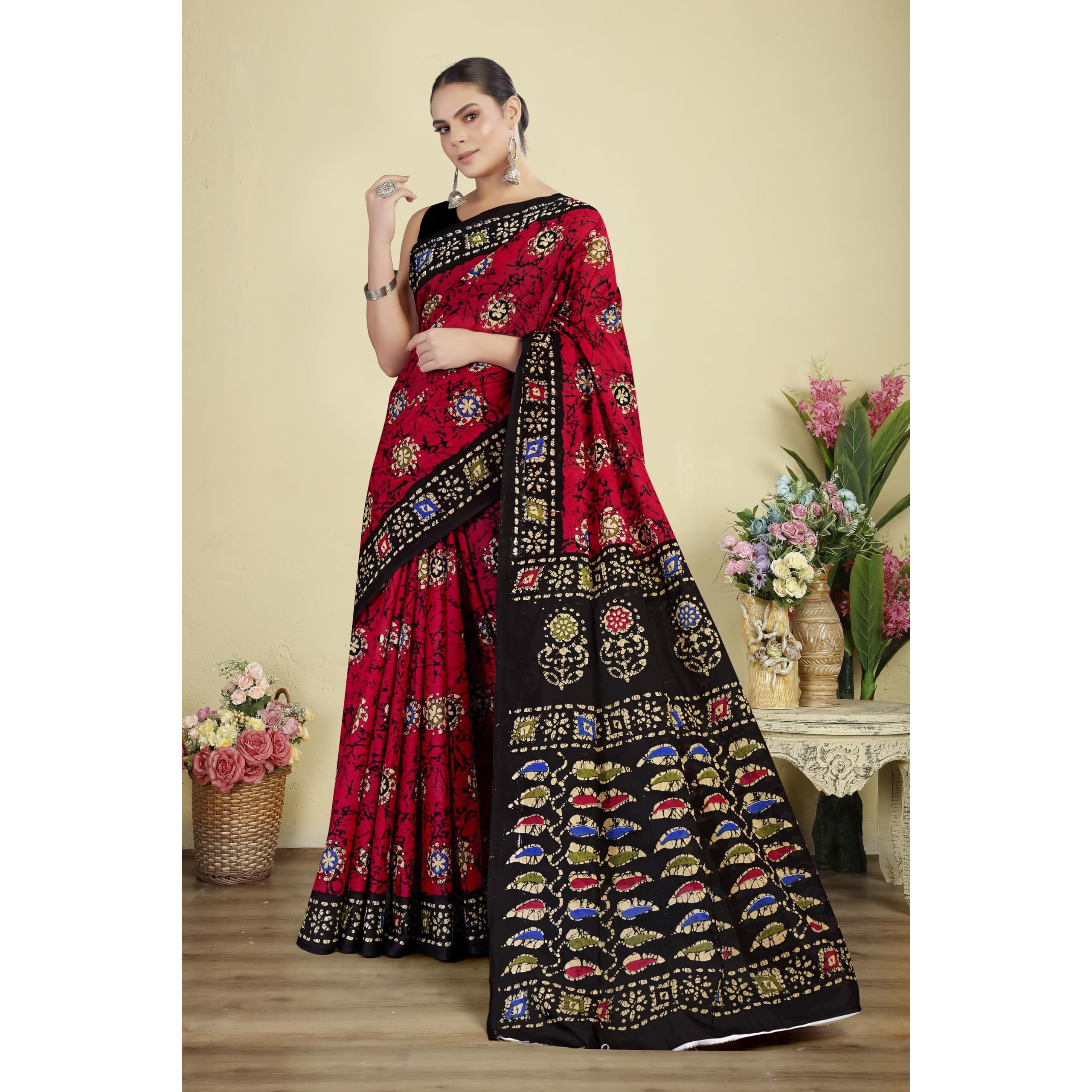 Tamaira Fashion Women's Plain Cotton Saree (AB47_Red