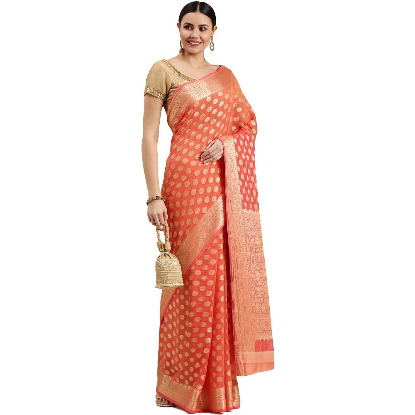 RANI SAAHIBA Women's Georgette Silk Resham Woven Saree With Blouse Piece (SSKR10190_Peach)