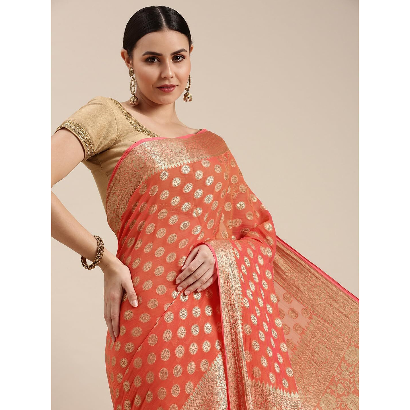 RANI SAAHIBA Women's Georgette Silk Resham Woven Saree With Blouse Piece (SSKR10190_Peach)