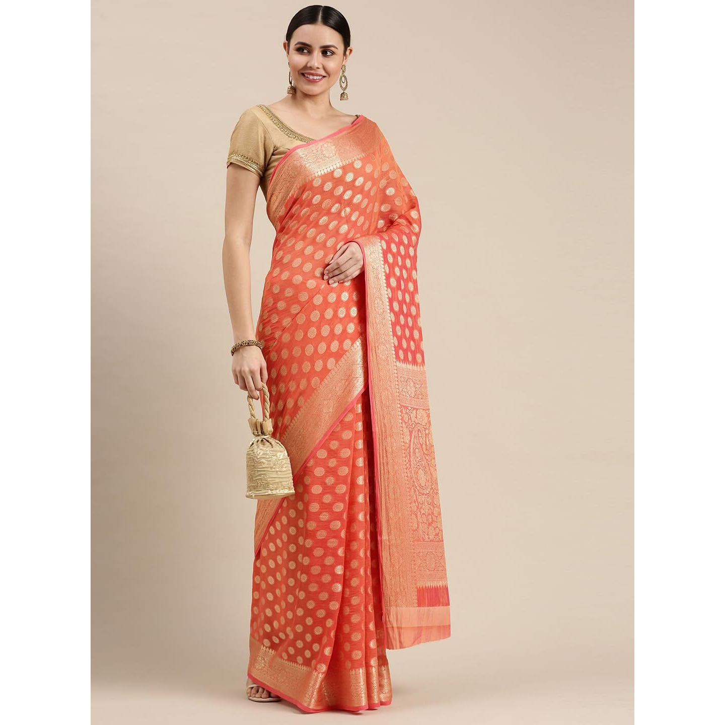 RANI SAAHIBA Women's Georgette Silk Resham Woven Saree With Blouse Piece (SSKR10190_Peach)