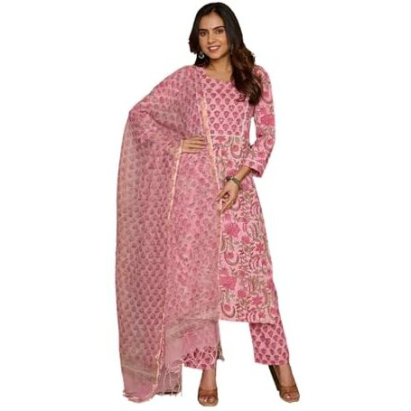 NAINVISH Women's Viscose Rayon Printed Straight V-Neck Kurta Pant with Dupatta (SD697_KBD-L_Pink)