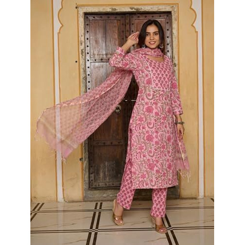NAINVISH Women's Viscose Rayon Printed Straight V-Neck Kurta Pant with Dupatta (SD697_KBD-L_Pink)