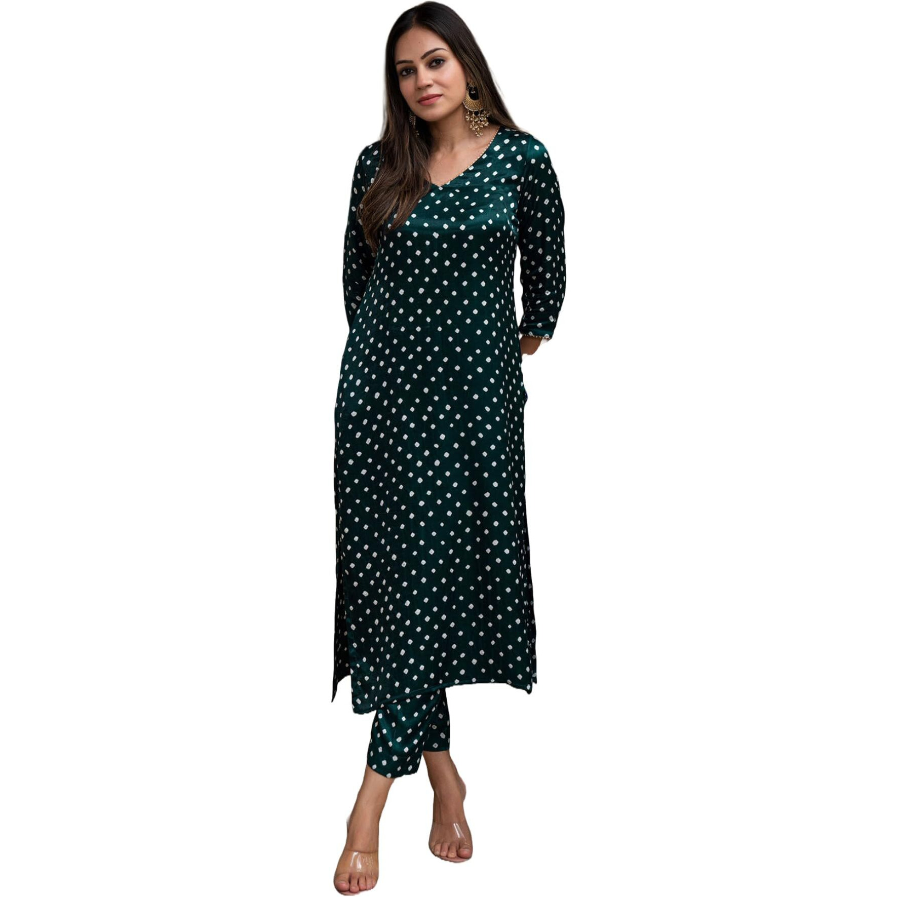 GoSriKi Women's Rayon Blend Straight Bandhani Printed Kurta with Pant (PRANTIKA Green-GS_M_Green_Medium)