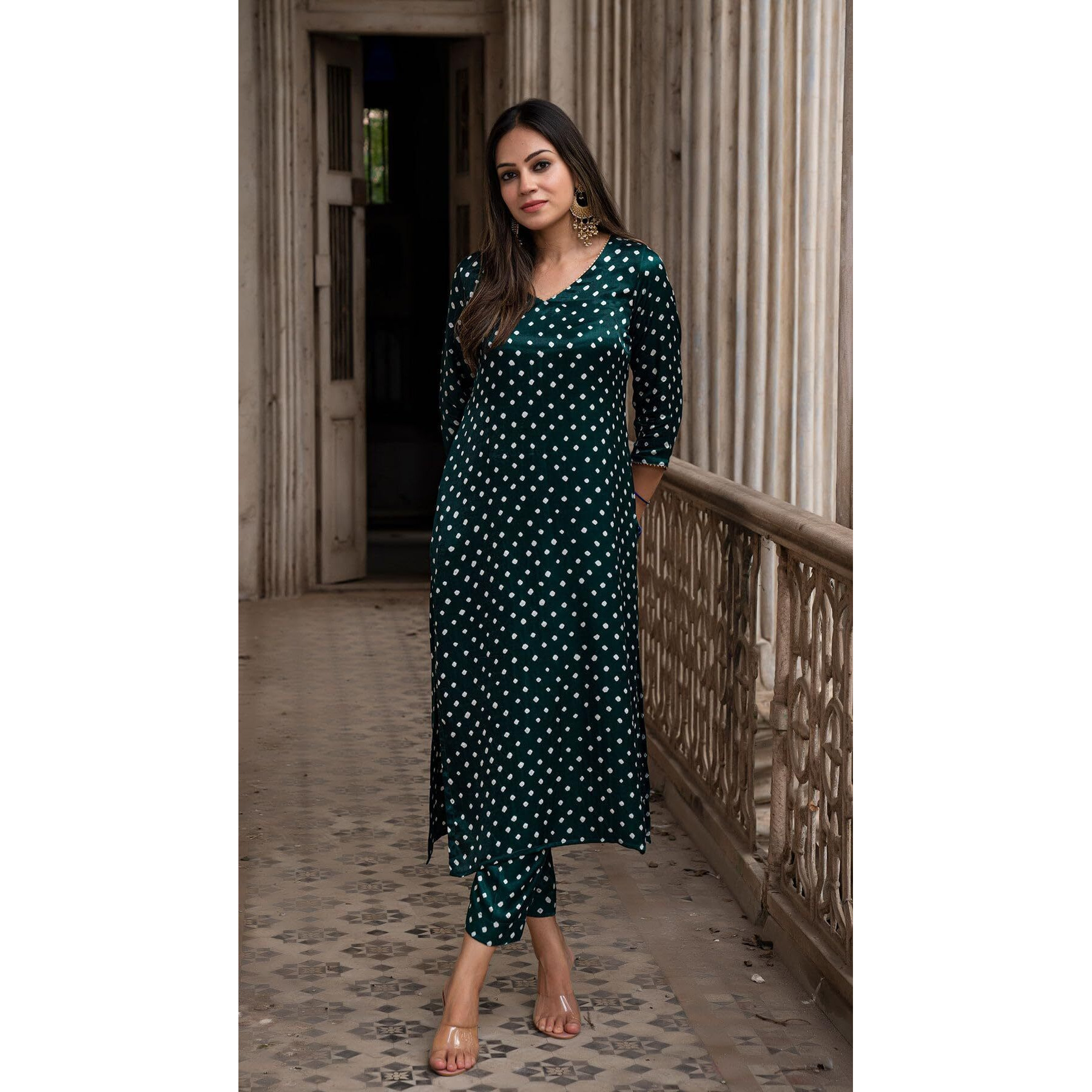GoSriKi Women's Rayon Blend Straight Bandhani Printed Kurta with Pant (PRANTIKA Green-GS_M_Green_Medium)