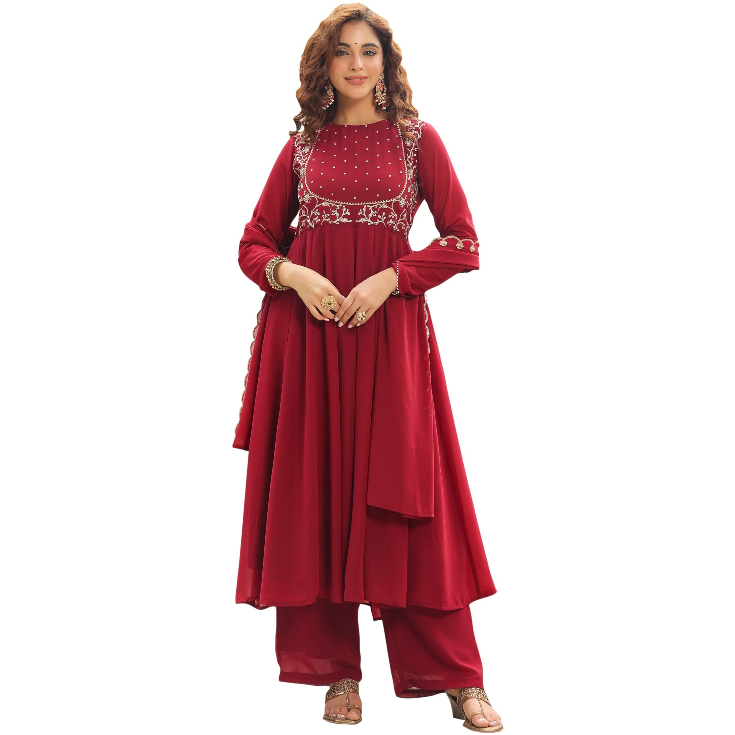 Janasya Women's Maroon Georgette Embroidered Anarkali Kurta with Palazzo and Dupatta Set(JAB24ST00755-XL)