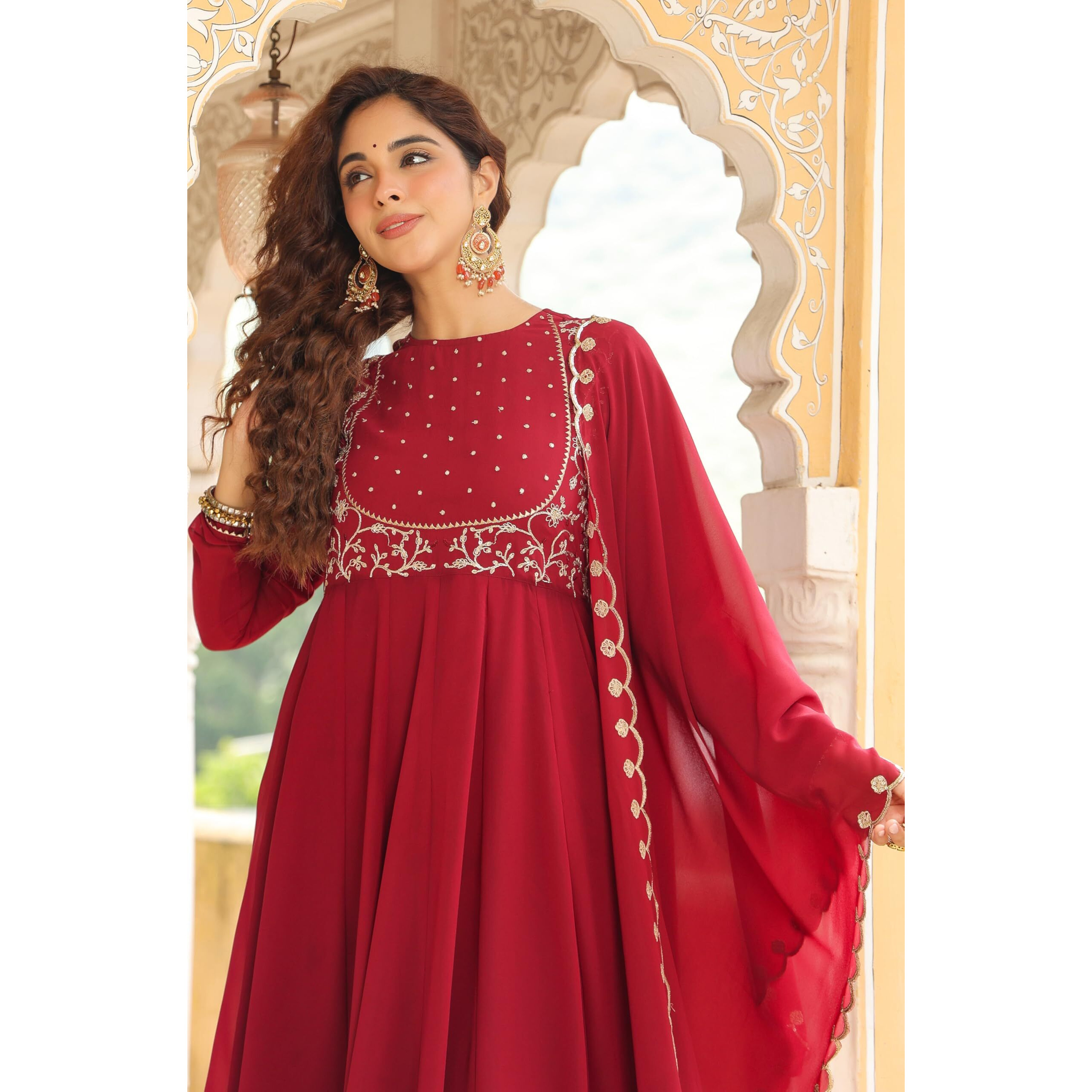 Janasya Women's Maroon Georgette Embroidered Anarkali Kurta with Palazzo and Dupatta Set(JAB24ST00755-XL)