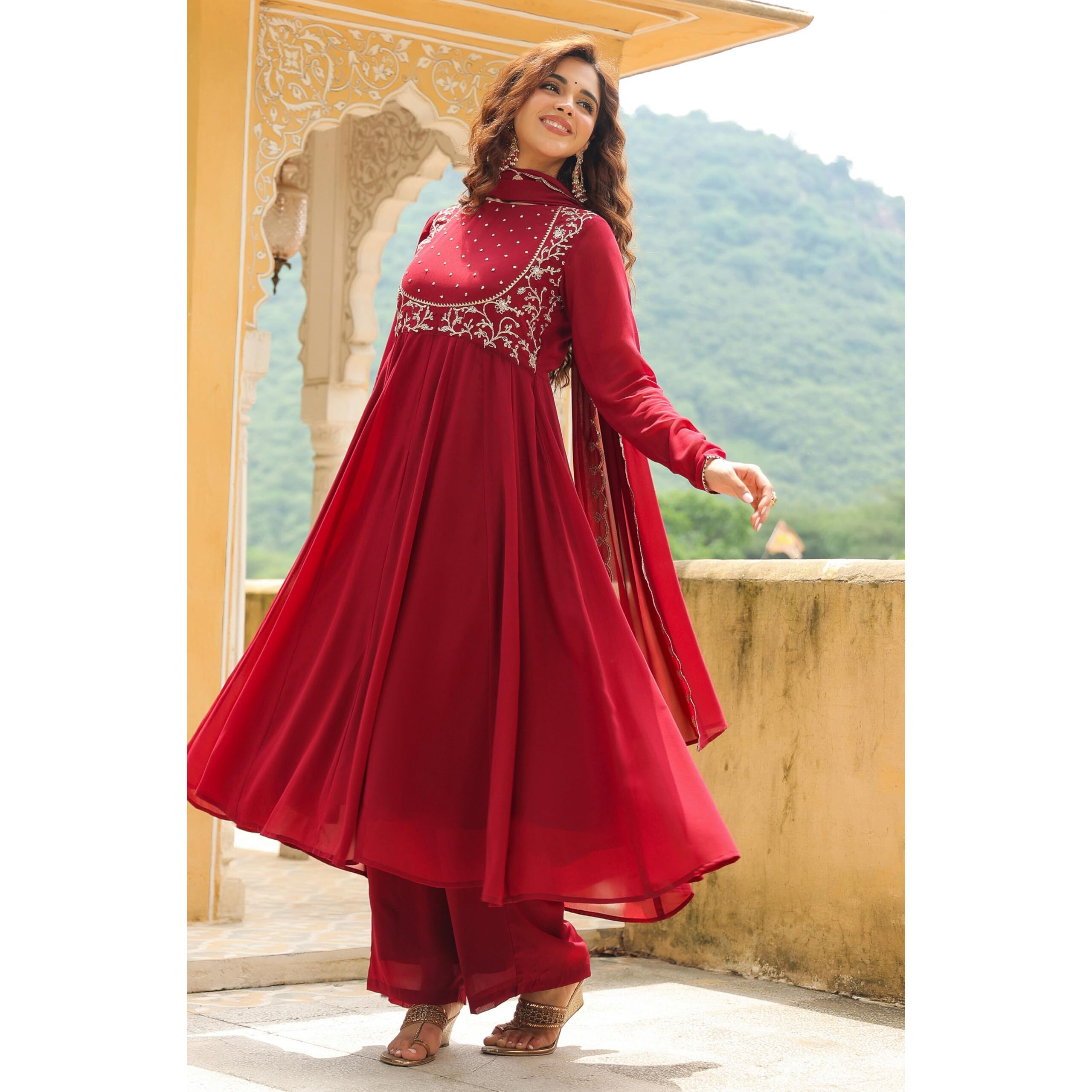 Janasya Women's Maroon Georgette Embroidered Anarkali Kurta with Palazzo and Dupatta Set(JAB24ST00755-XL)