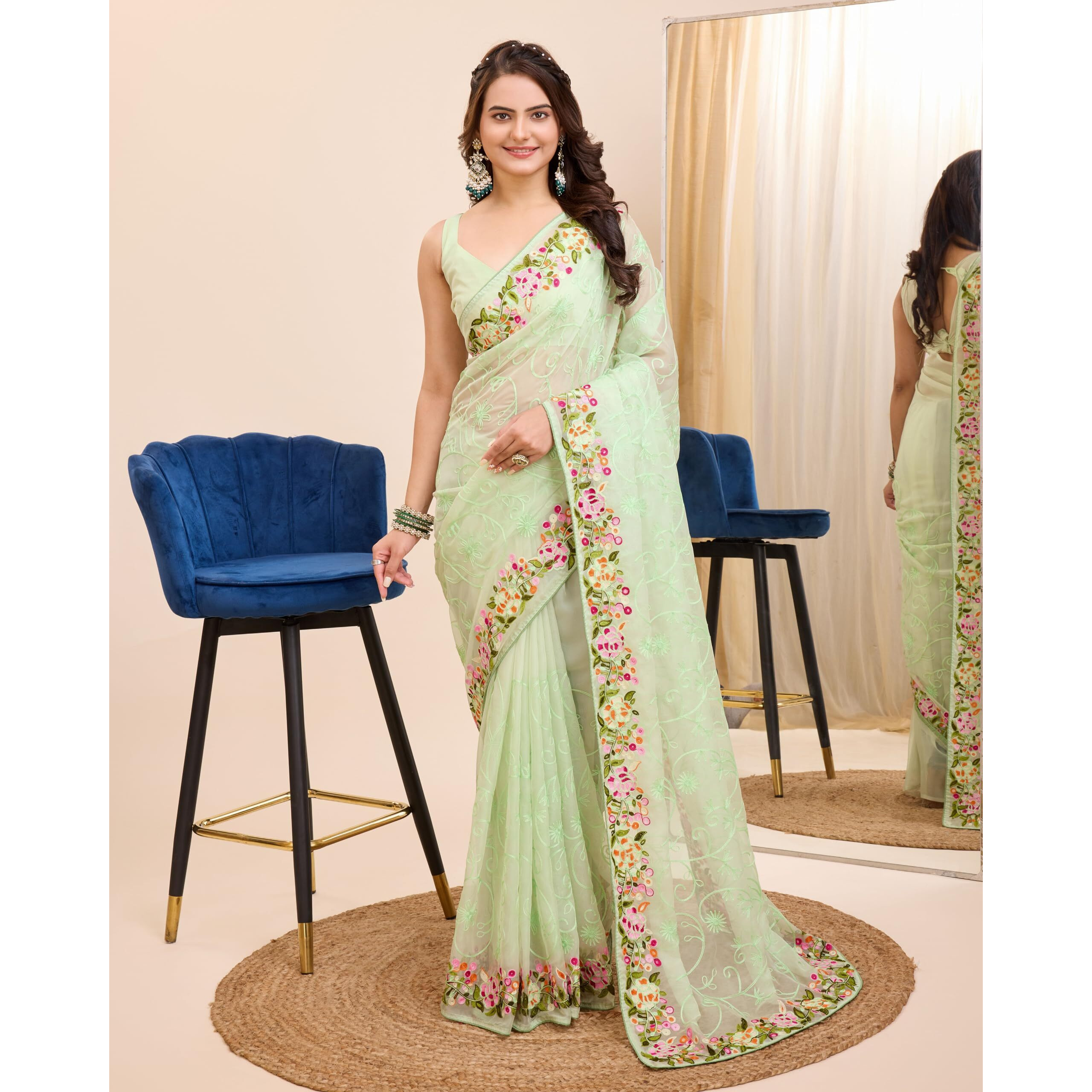 Ekasya Women Soft Organza Neo Mint Embroidery Saree (E6200_2)
