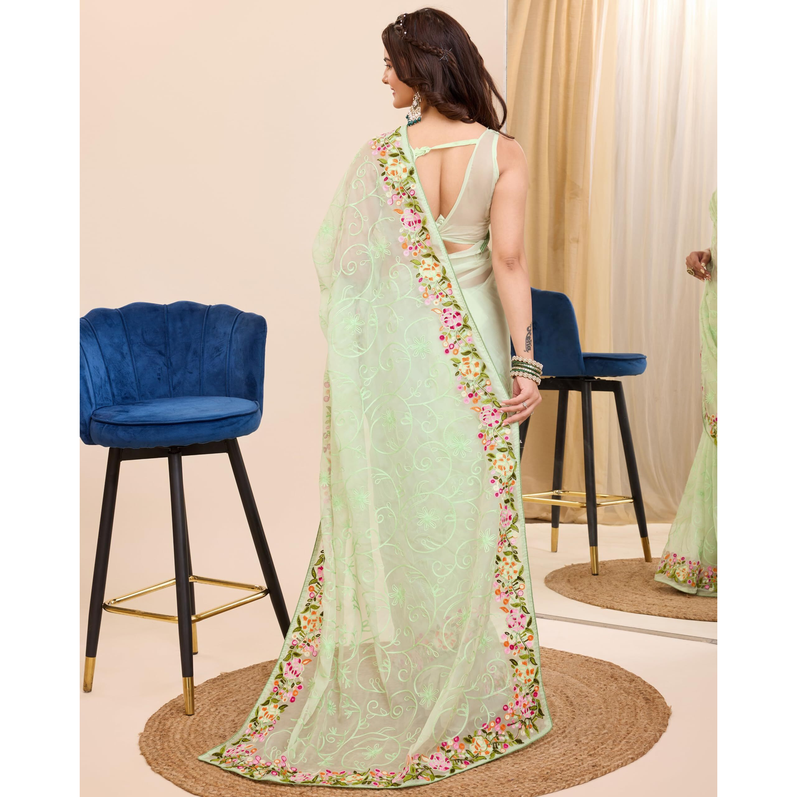 Ekasya Women Soft Organza Neo Mint Embroidery Saree (E6200_2)