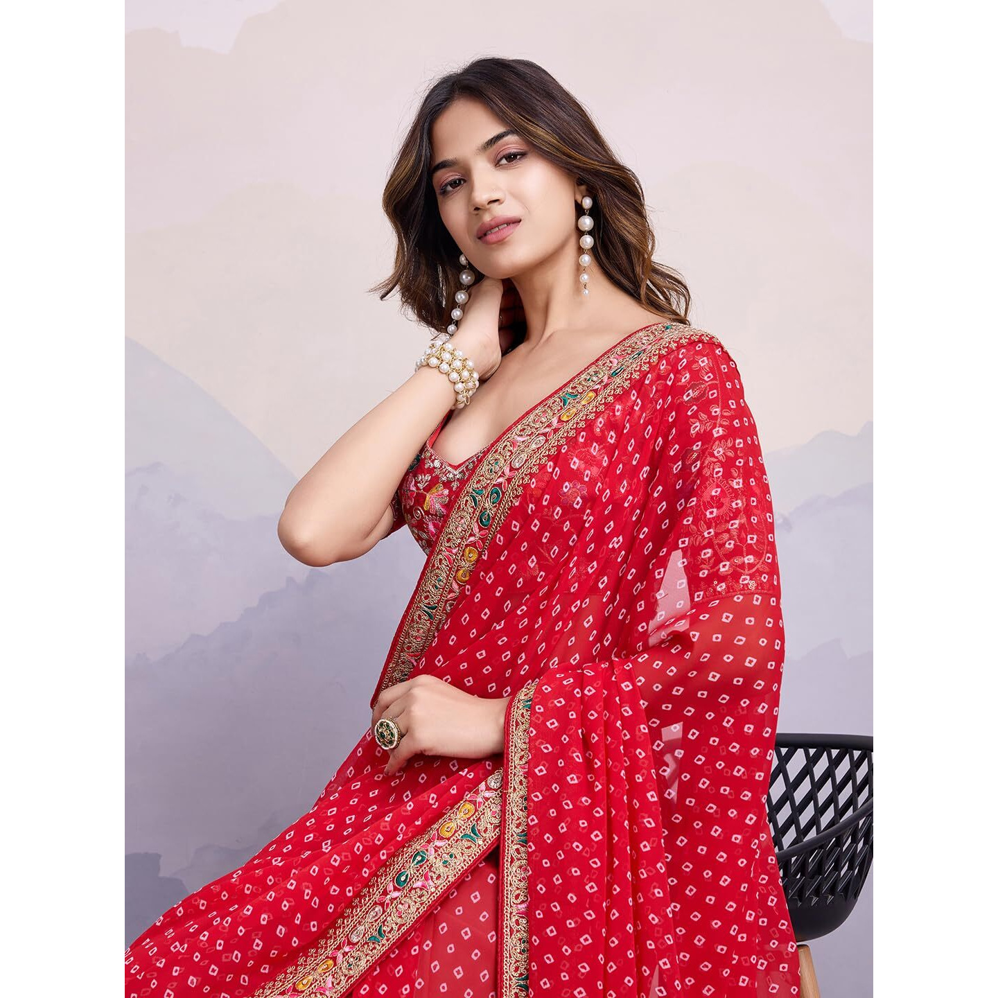 VAIRAGEE Women Soft Georgette Red Printed Embroidery Saree With Unstiched Blouse(6253)