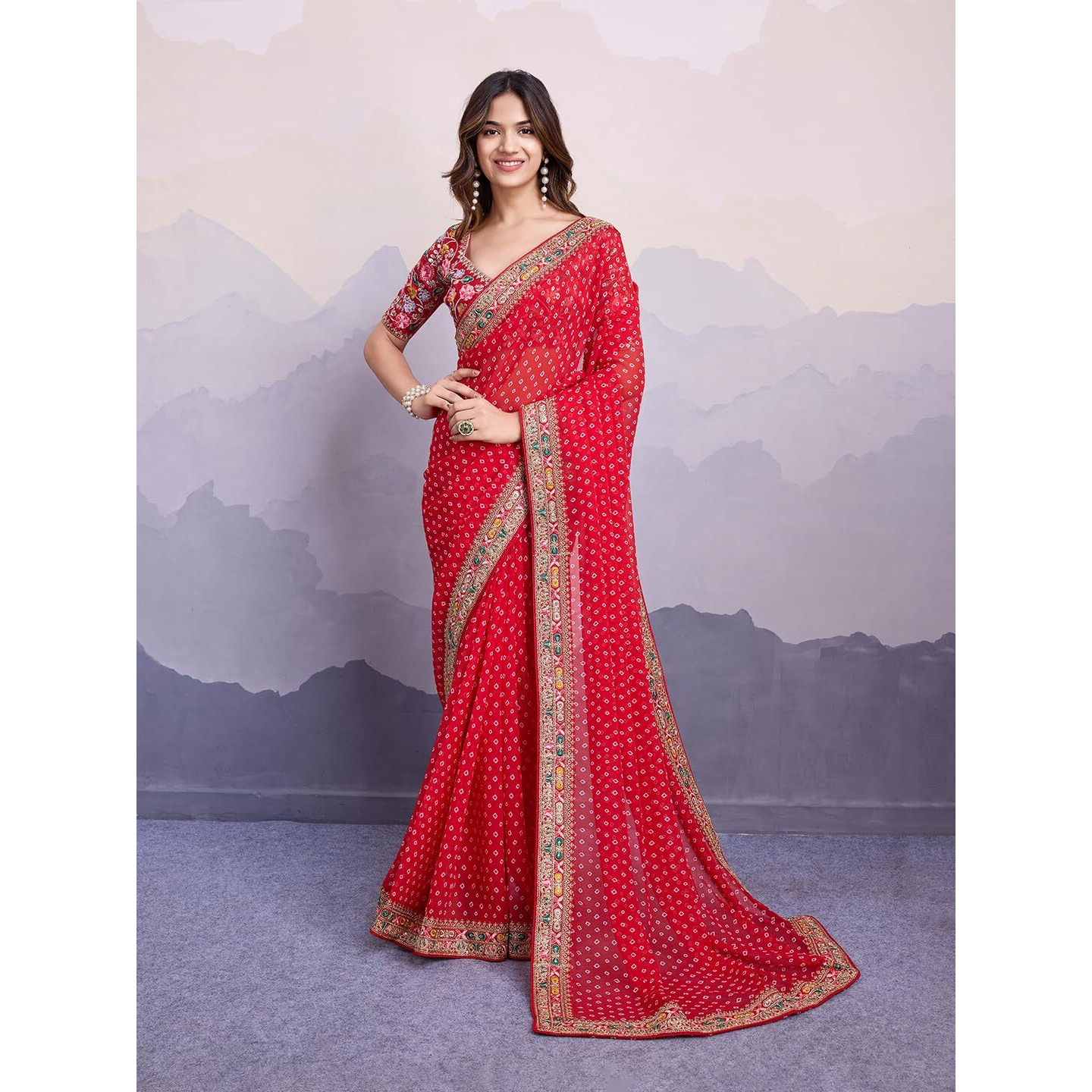 VAIRAGEE Women Soft Georgette Red Printed Embroidery Saree With Unstiched Blouse(6253)