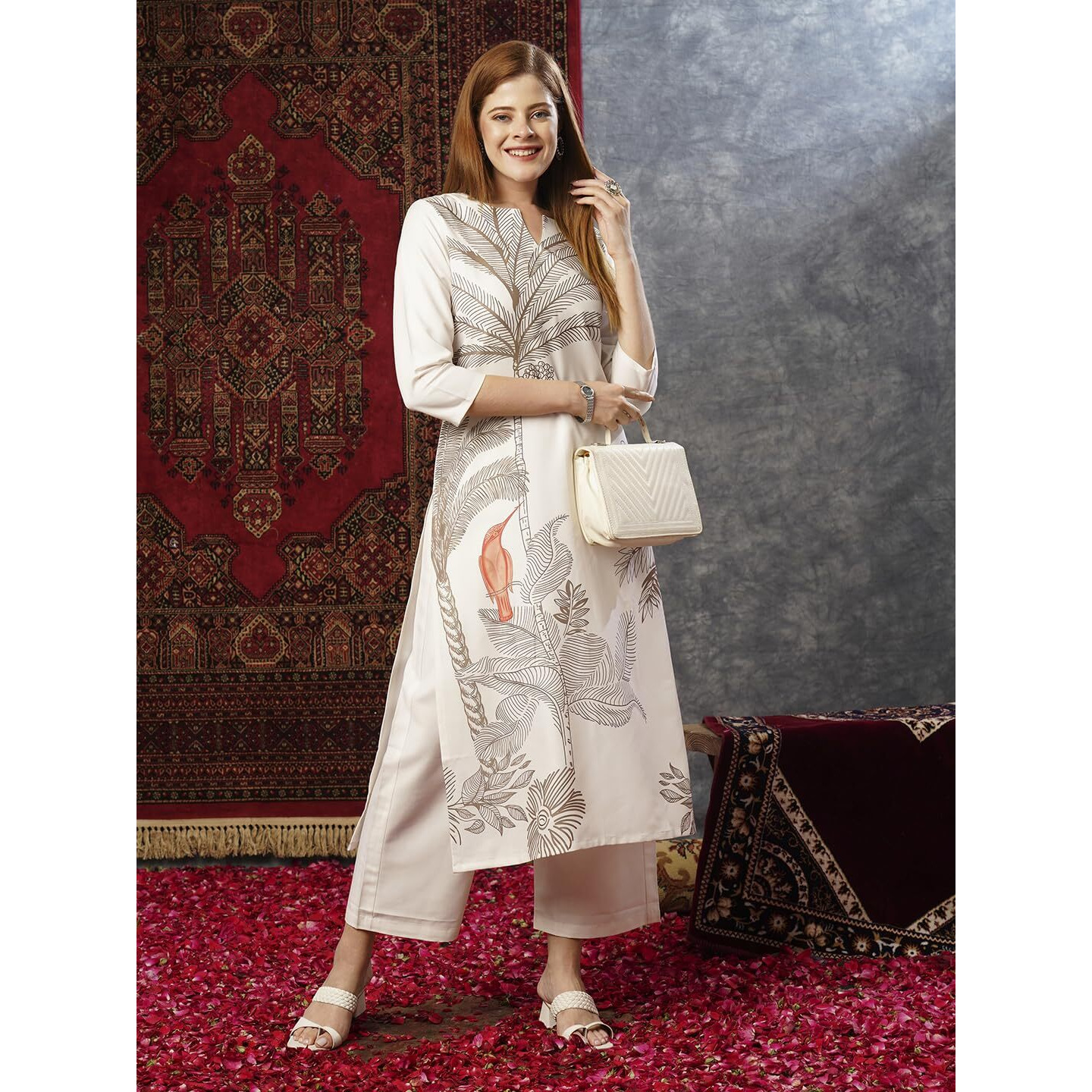 ANNI DESIGNER Women's Cotton Blend Straight Printed Kurta with Pant (Nenisha Cream-JL_M_Cream_Medium)