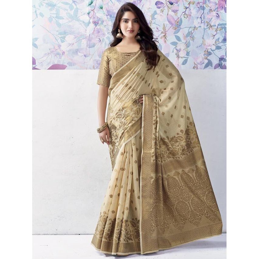 Satrani Women's Cotton Silk Jacquard Saree with Unstitched Blouse Piece (3615S337N_Beige2)