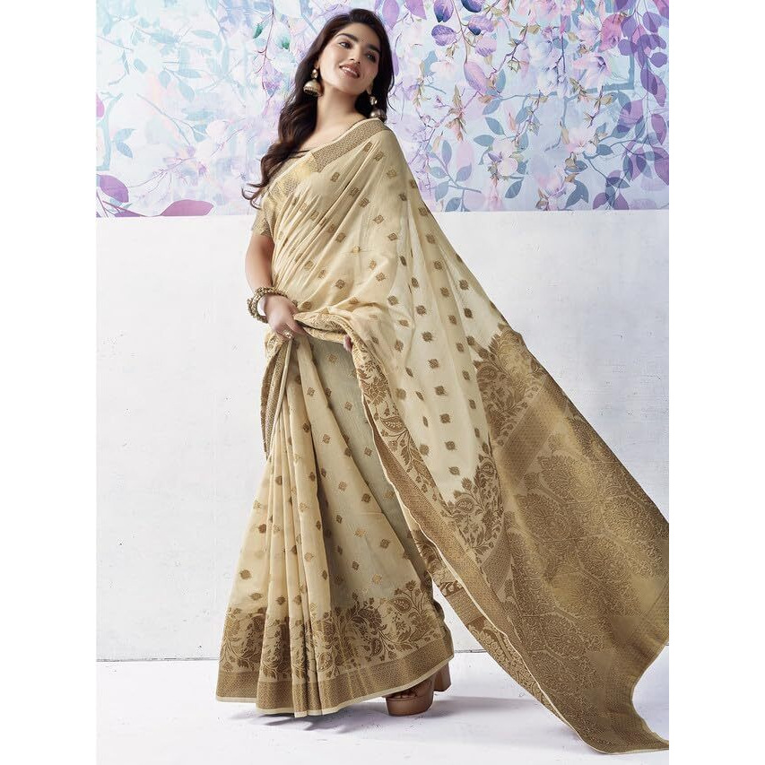 Satrani Women's Cotton Silk Jacquard Saree with Unstitched Blouse Piece (3615S337N_Beige2)