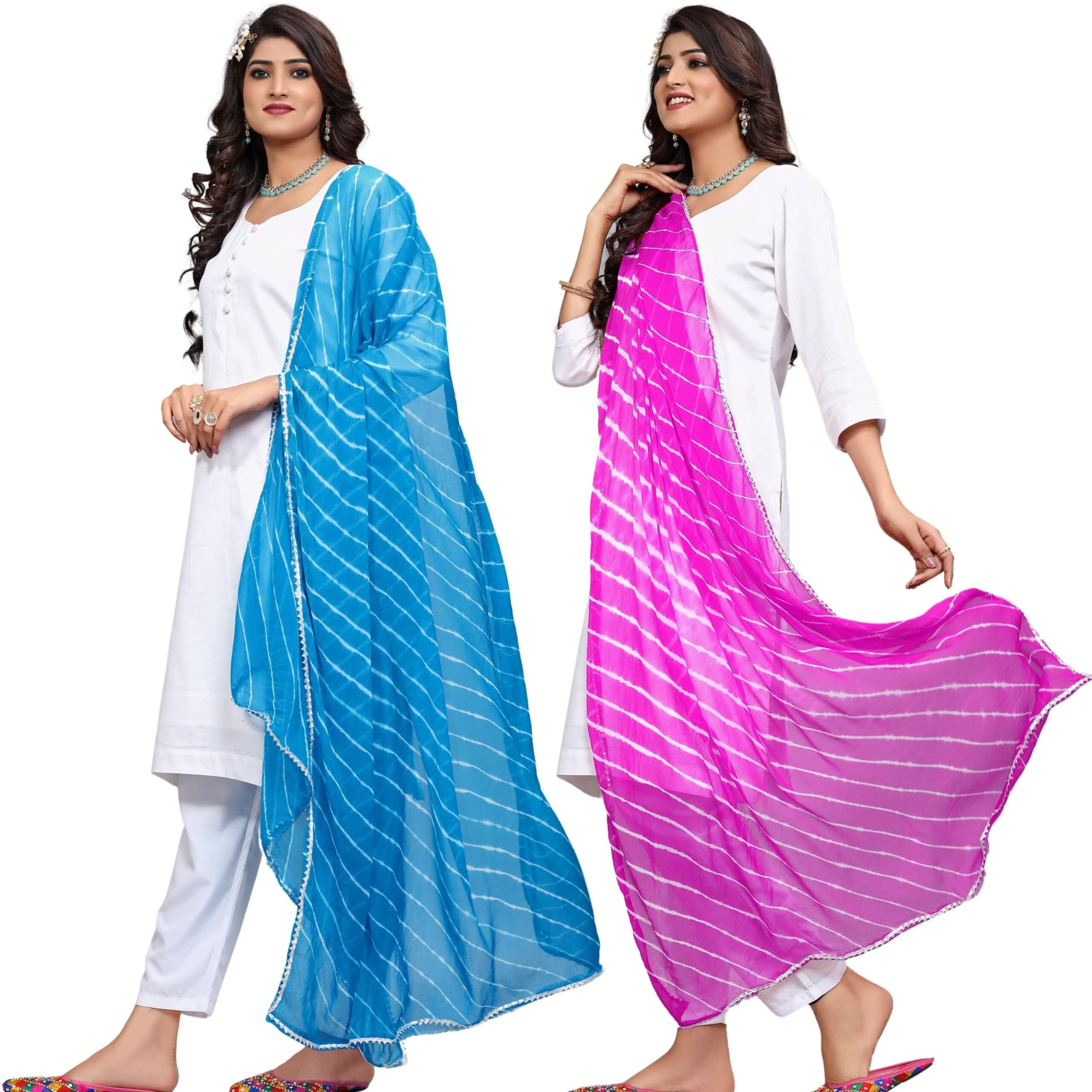 KEMZA Women's Chiffon Printed Leheriya Dupatta Combo For Women (Sky Blue-Light Pink)