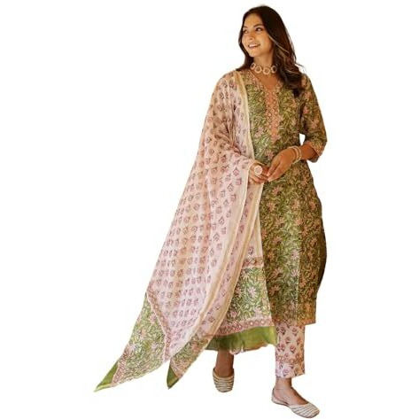 NAINVISH Women's Viscose Rayon Printed Straight V-Neck Kurta Pant with Dupatta (SD700_KBD-L_Green)