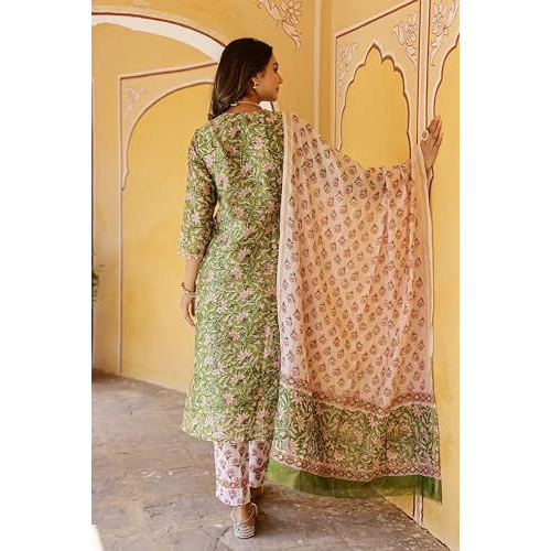 NAINVISH Women's Viscose Rayon Printed Straight V-Neck Kurta Pant with Dupatta (SD700_KBD-L_Green)