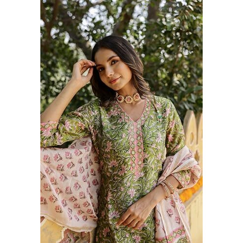 NAINVISH Women's Viscose Rayon Printed Straight V-Neck Kurta Pant with Dupatta (SD700_KBD-L_Green)