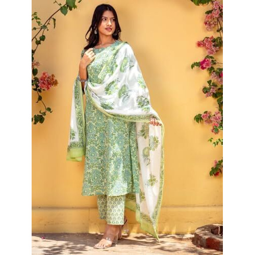 NAINVISH Women's Viscose Rayon Printed Straight Round Neck Kurta Pant with Dupatta (SD695_KBD-XL_Green)