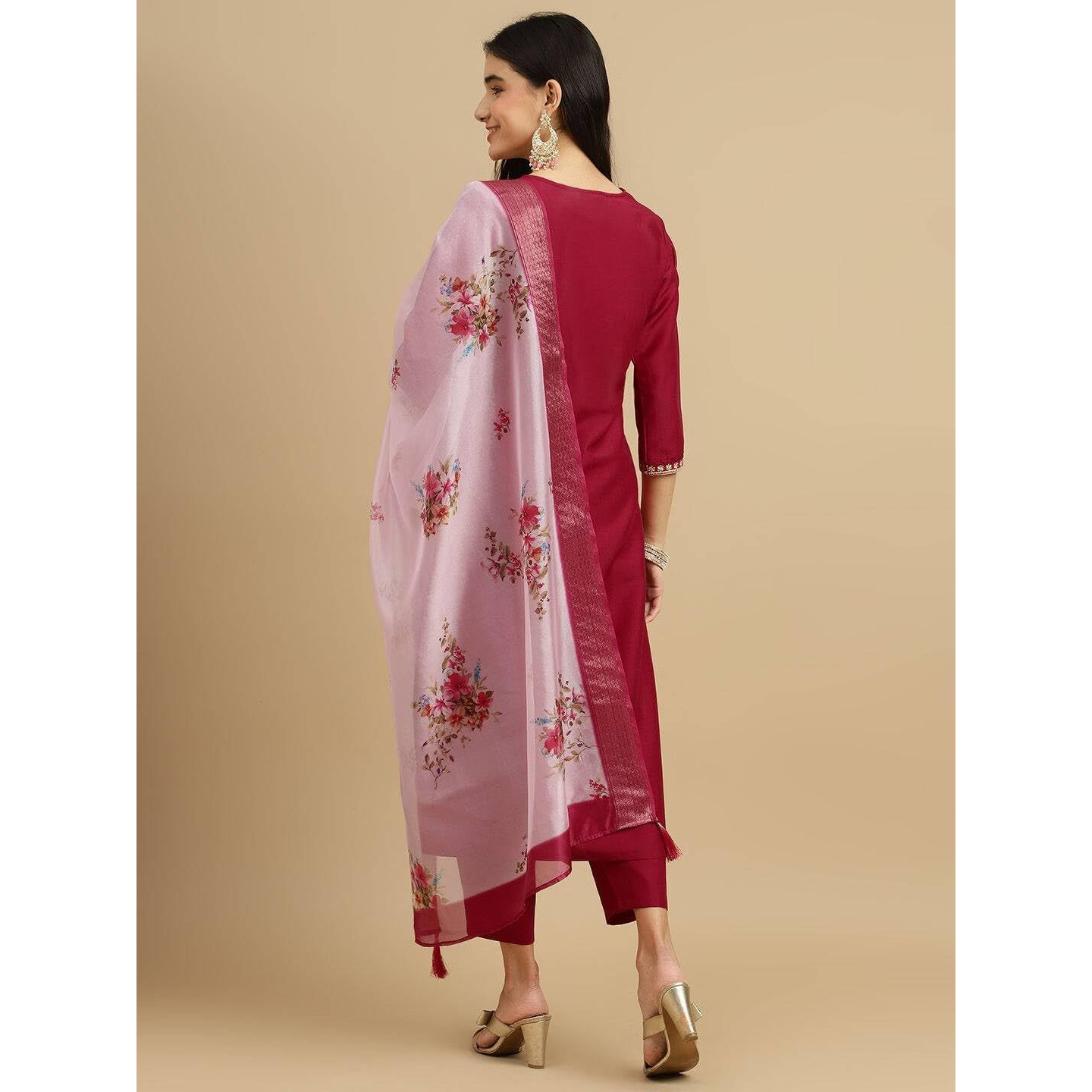 BHARVITA Women's Cotton Blend Embroidered Kurta Pant with Floral Digital Silk Prited Dupatta (in, Alpha, L, Regular, Pink)